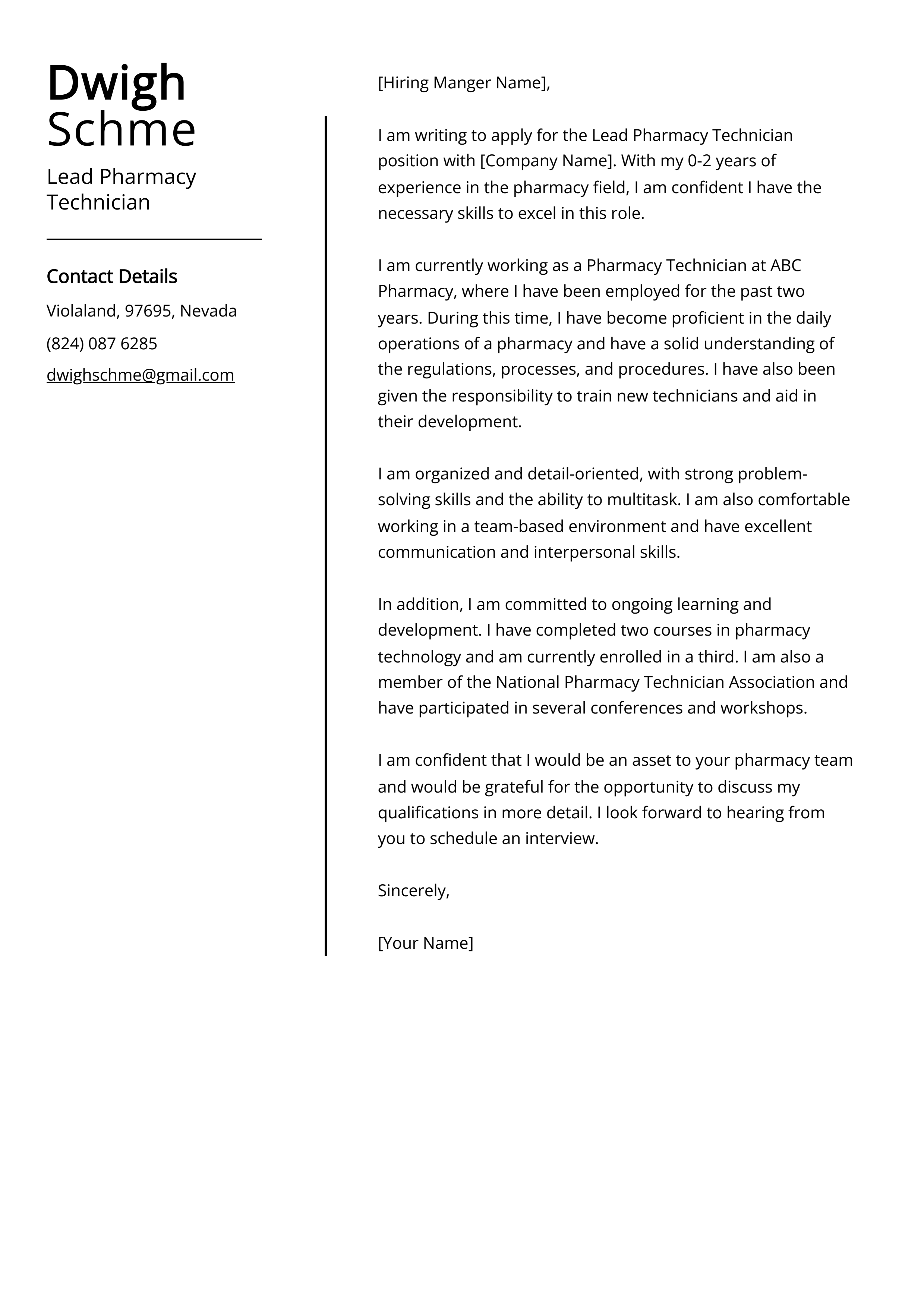 Lead Pharmacy Technician Cover Letter Example