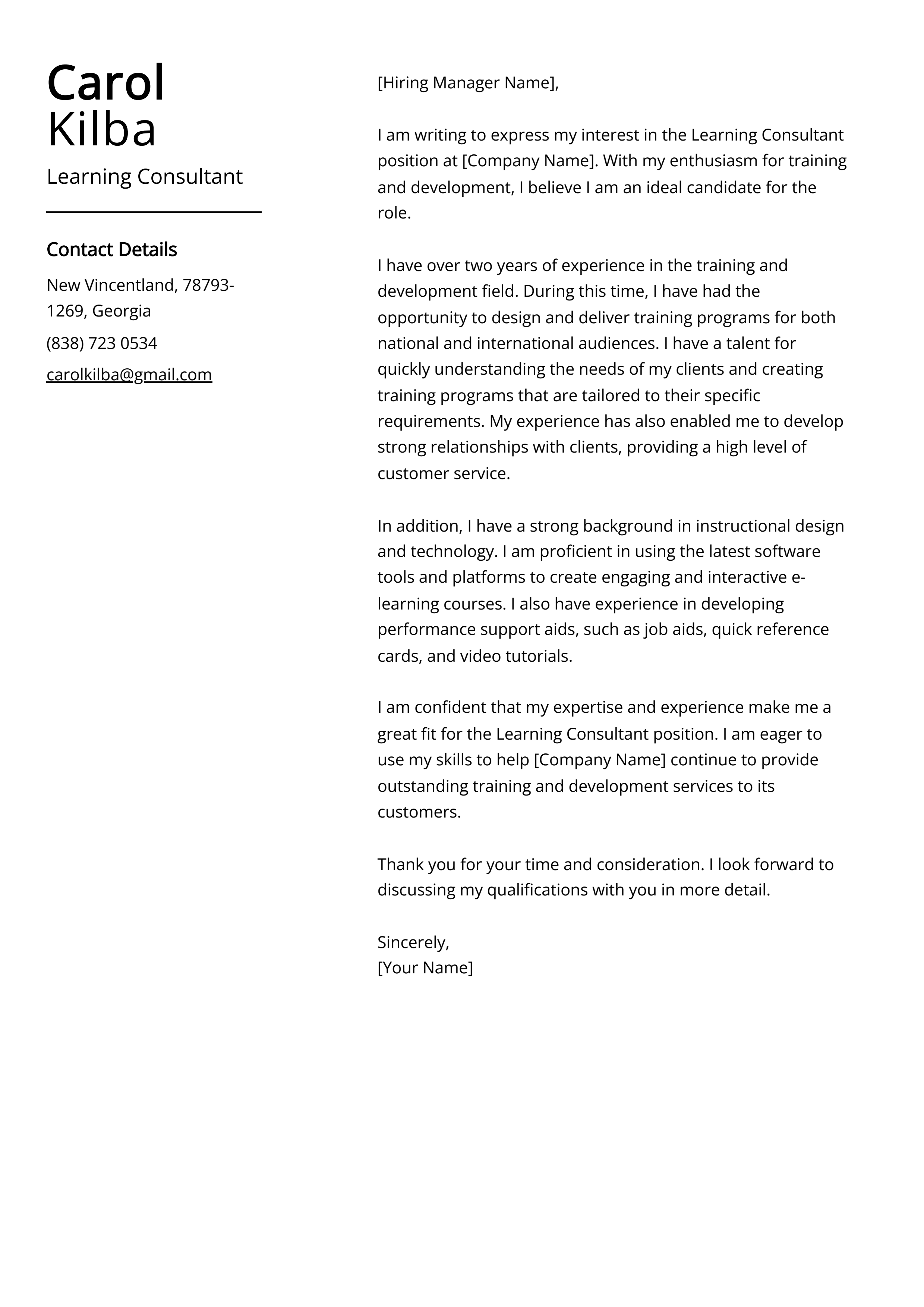 Learning Consultant Cover Letter Example