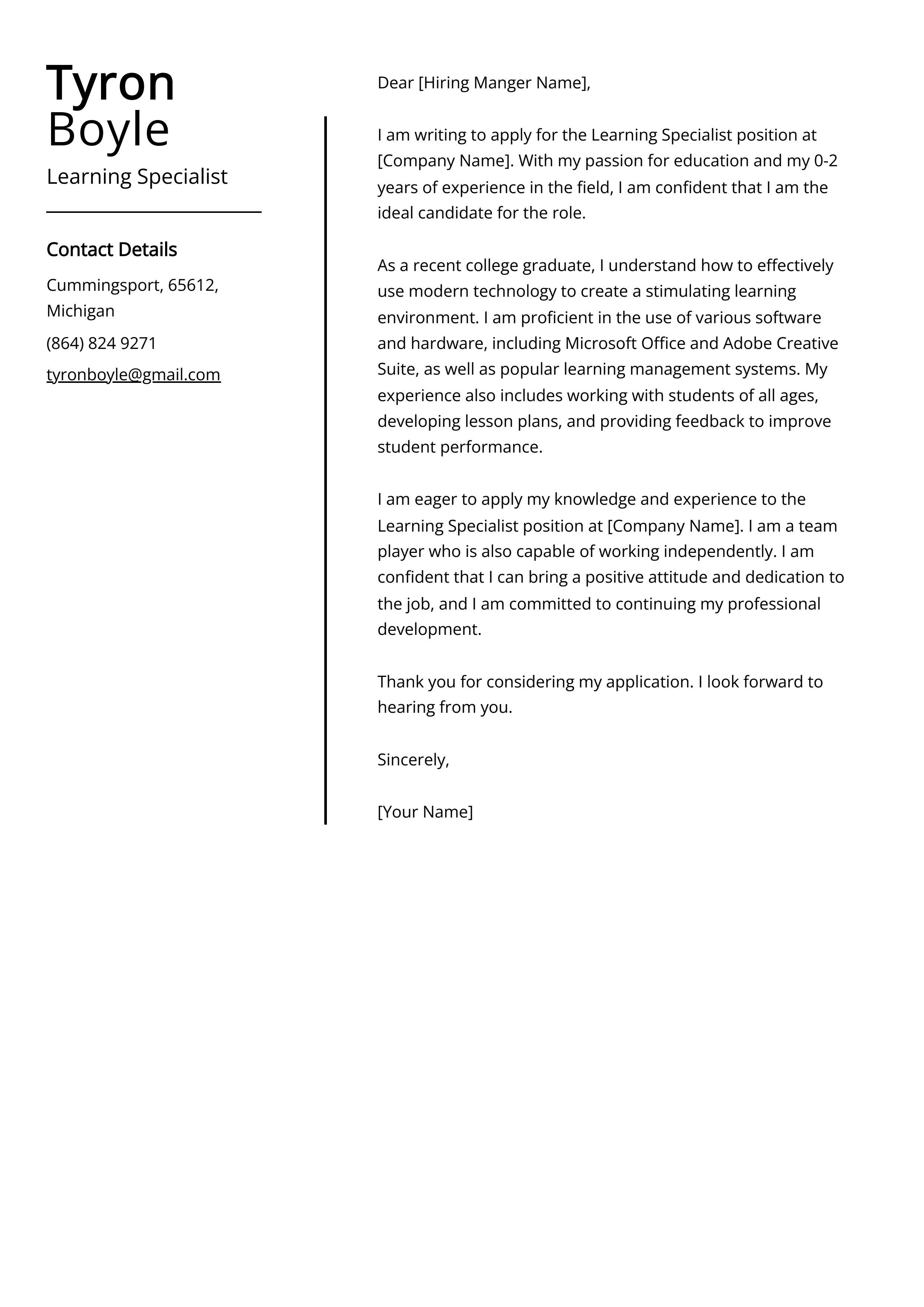 Learning Specialist Cover Letter Example