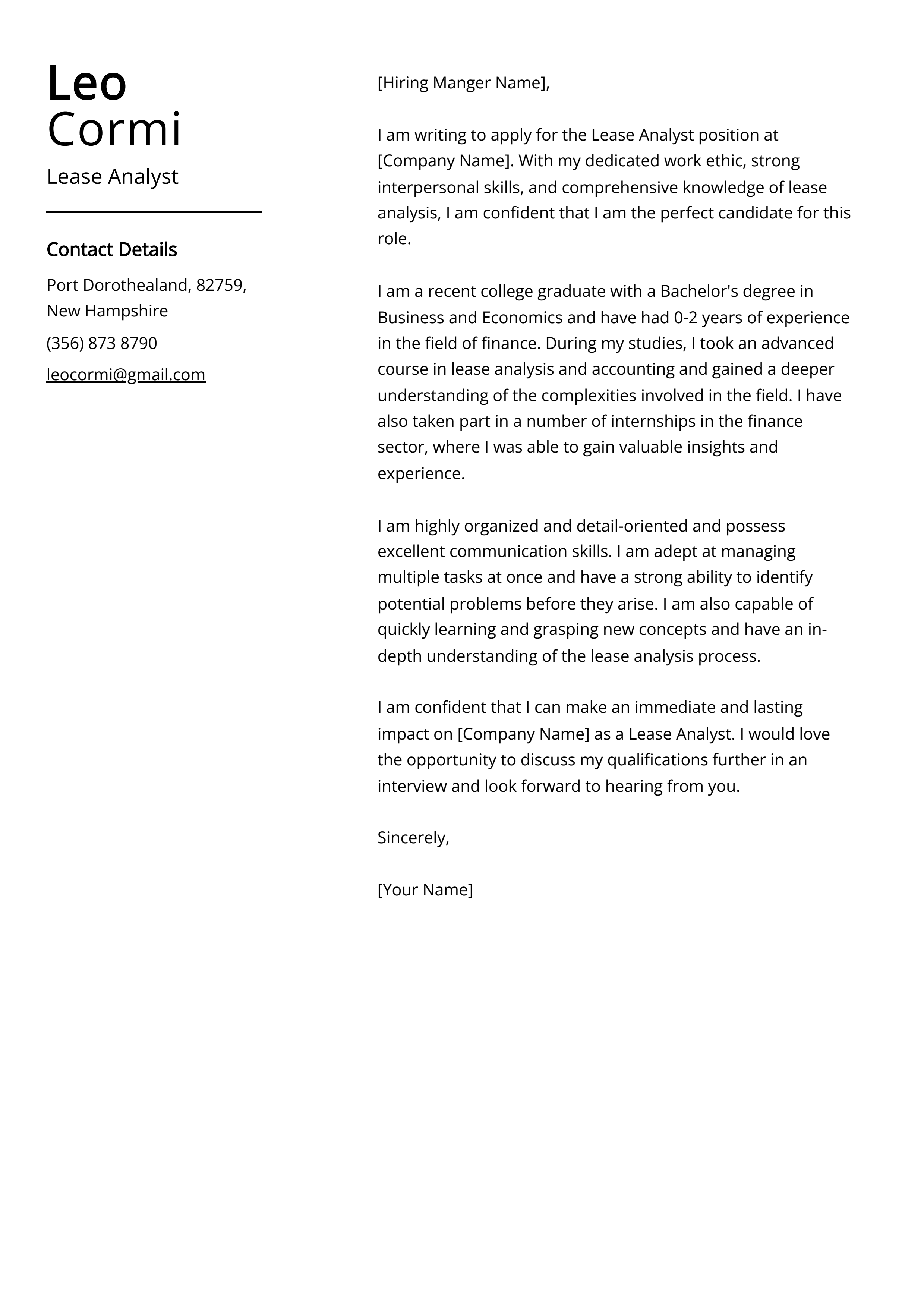 Lease Analyst Cover Letter Example