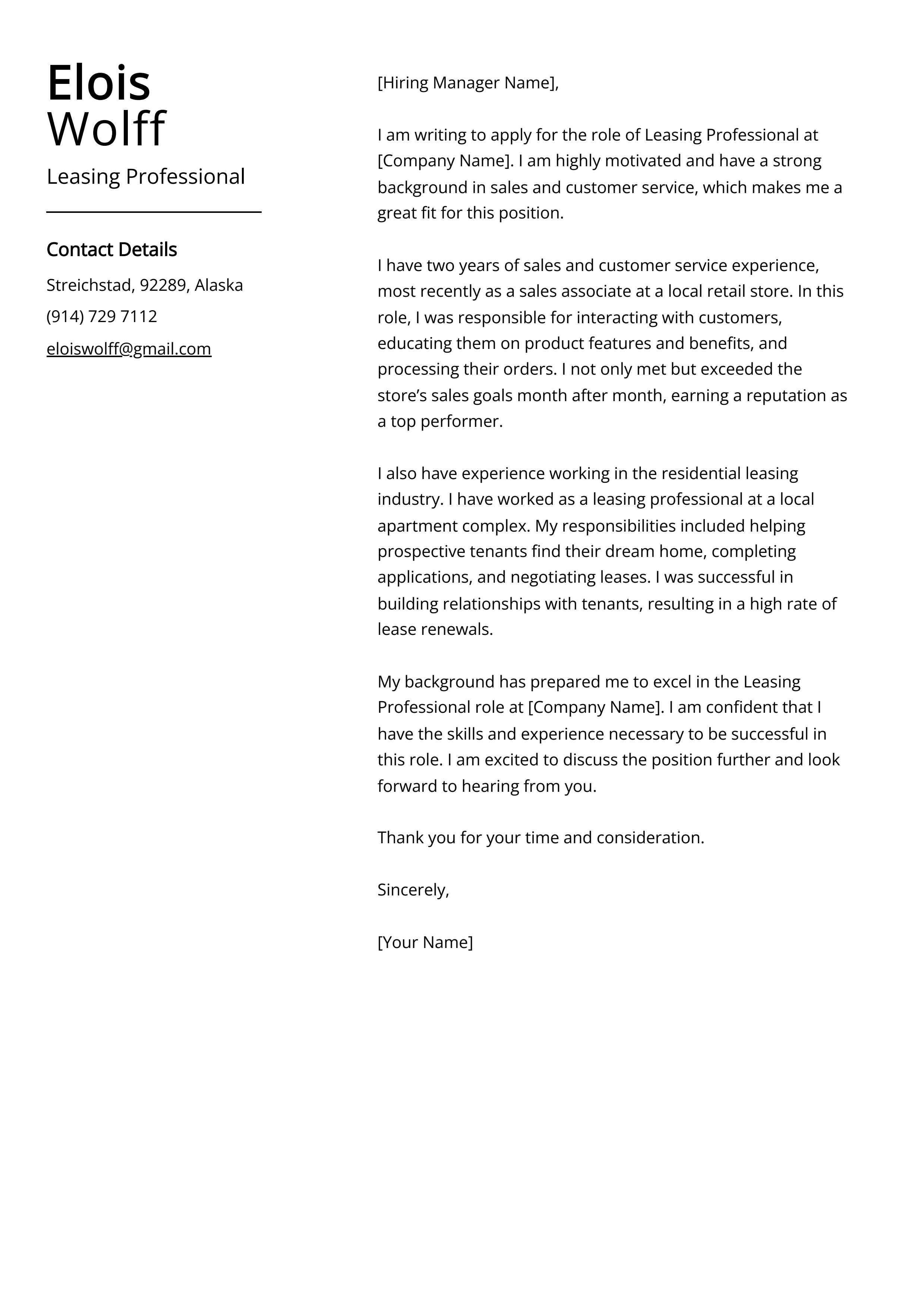 Leasing Professional Cover Letter Example