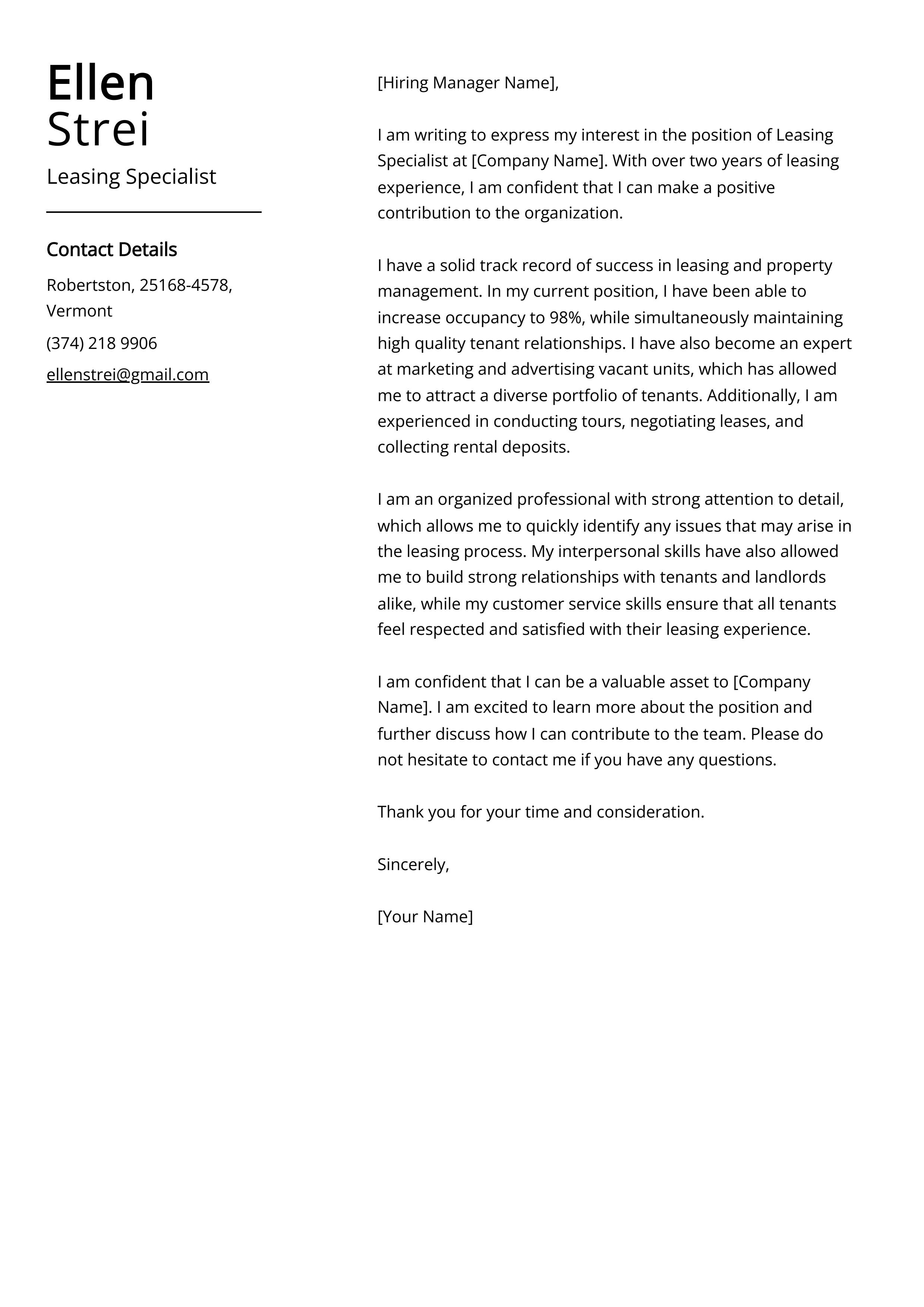 Leasing Specialist Cover Letter Example