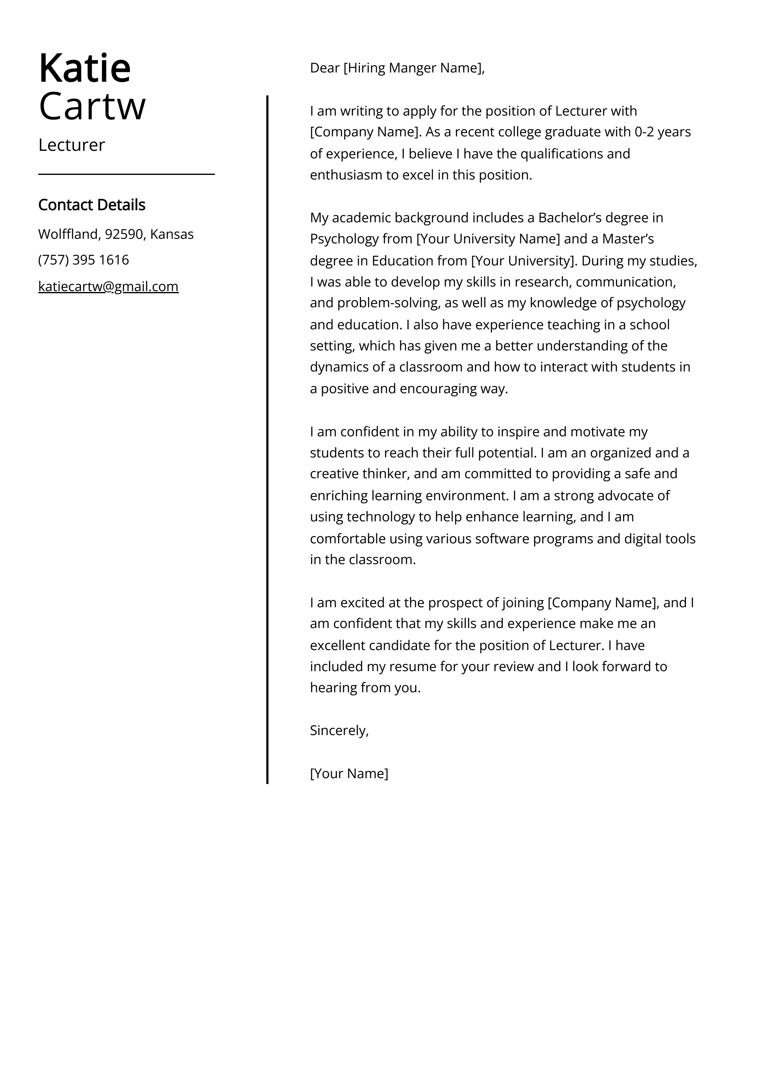 Lecturer Cover Letter Example