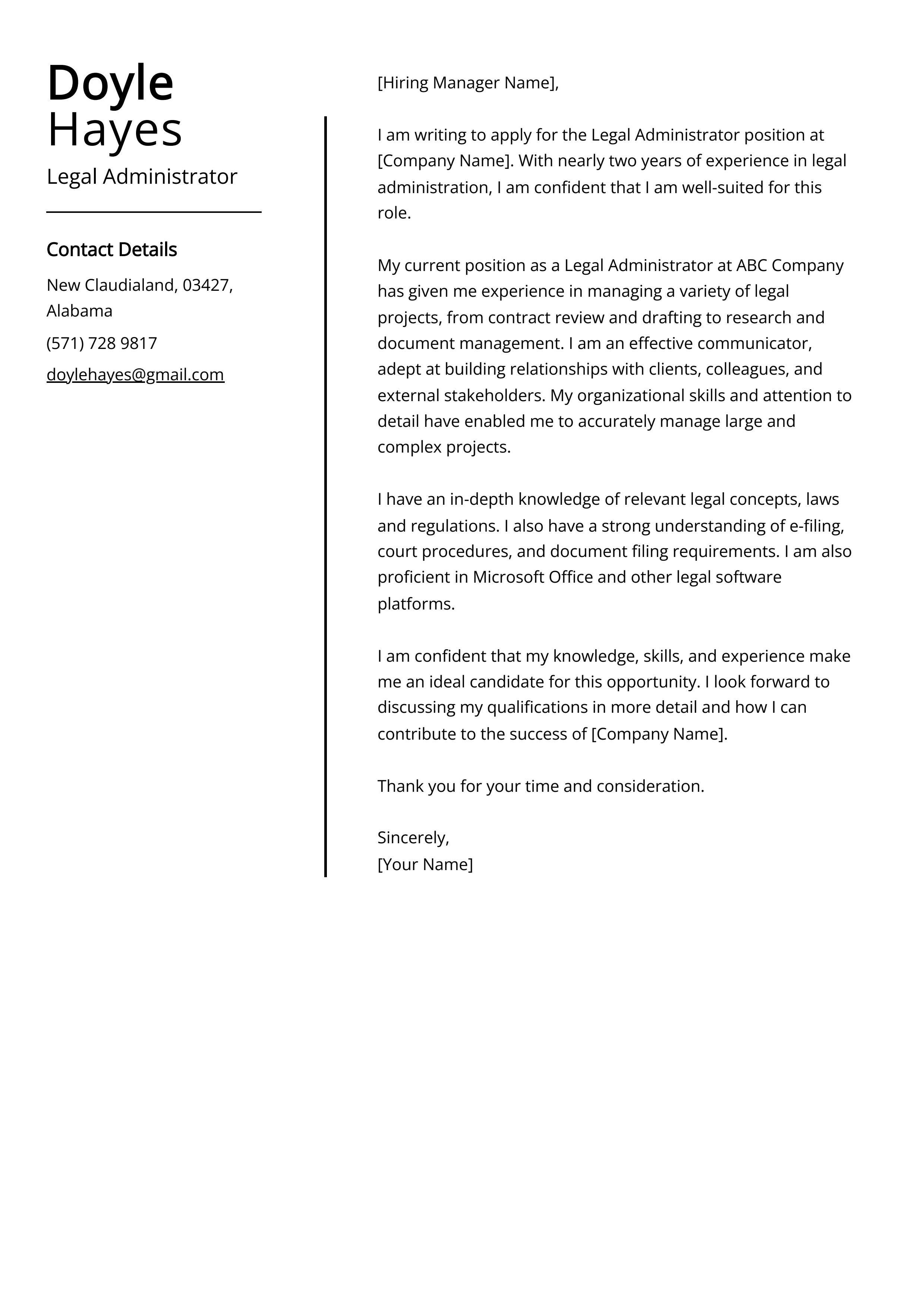 Legal Administrator Cover Letter Example