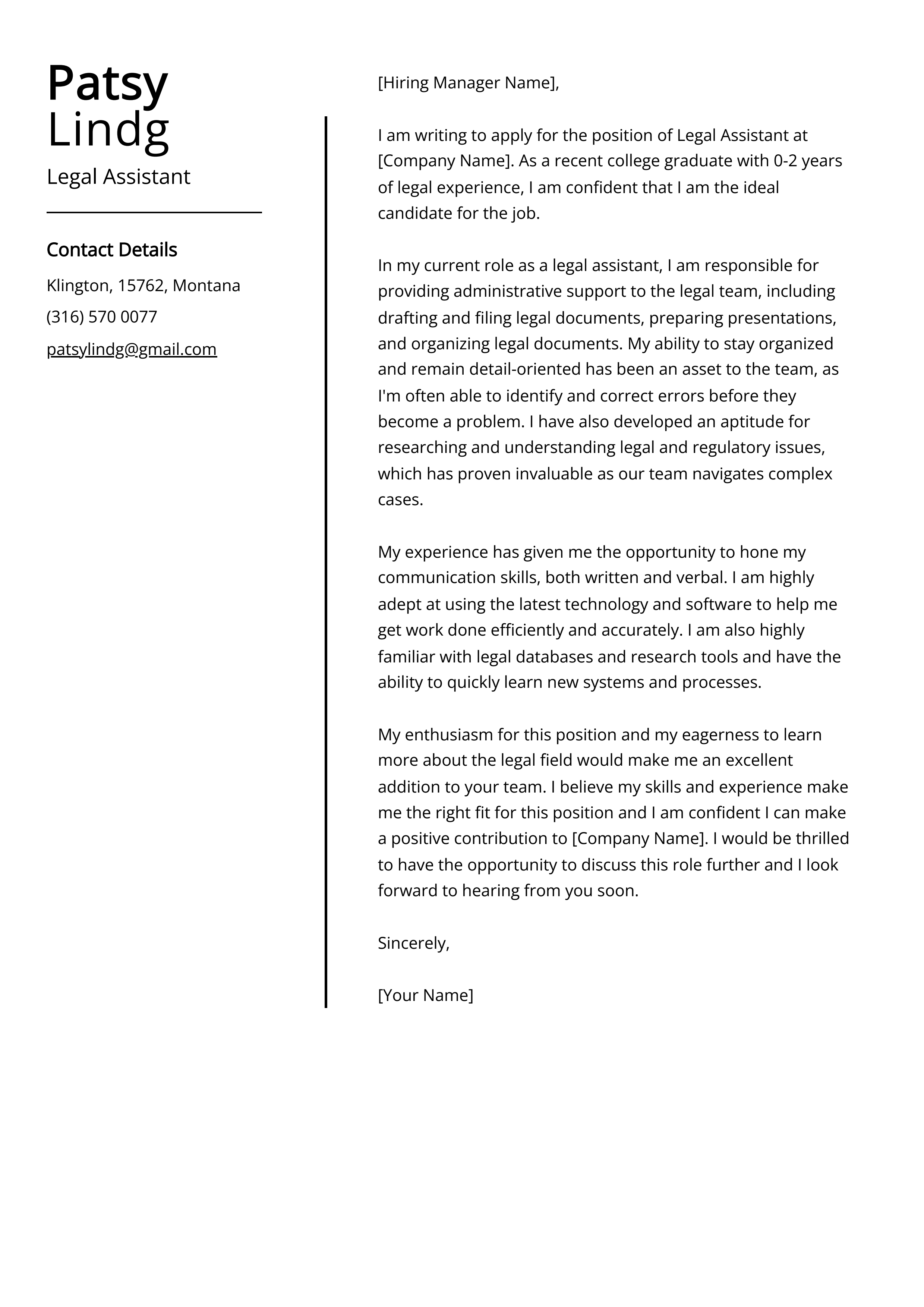 Legal Assistant Cover Letter Example