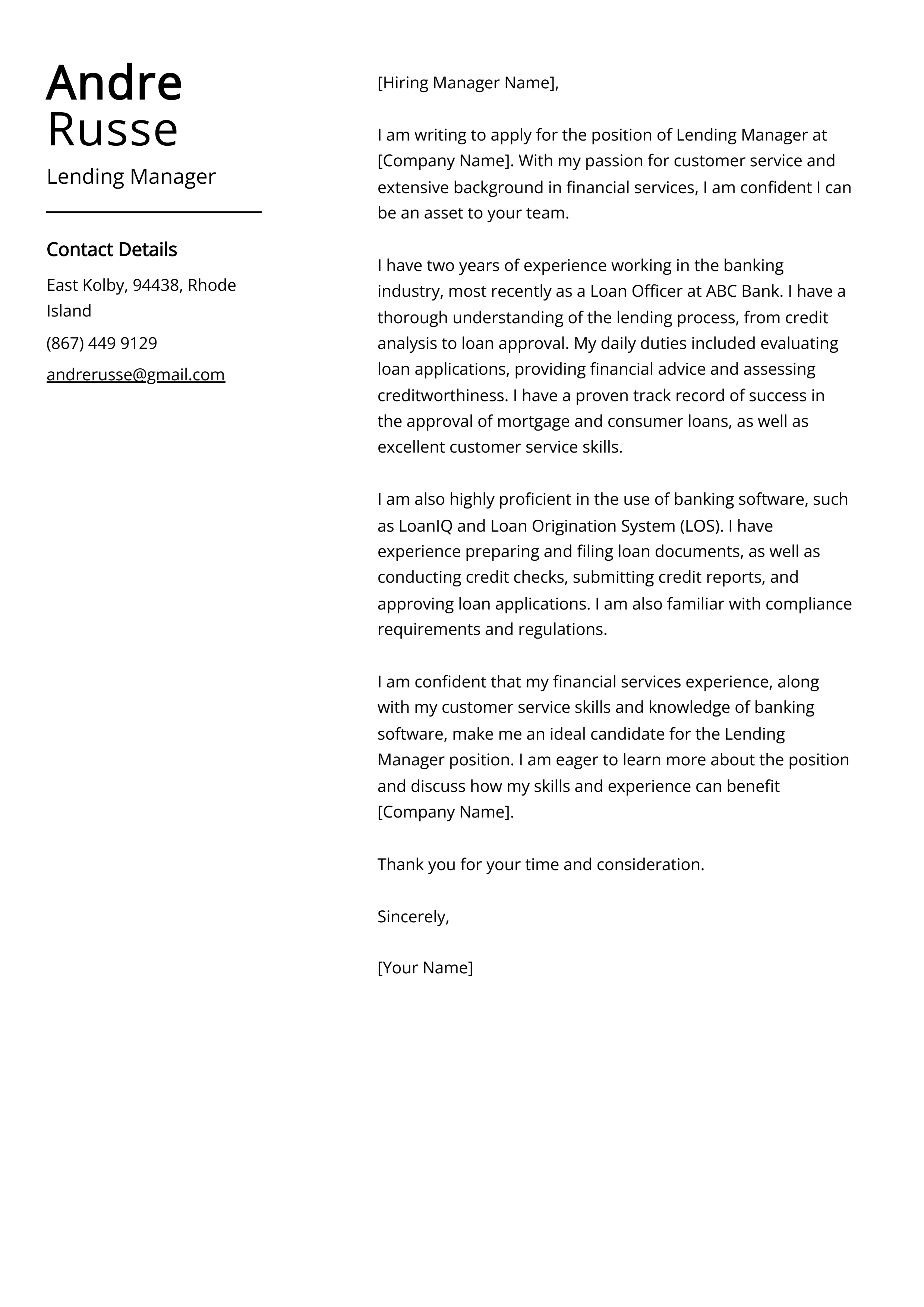 Lending Manager Cover Letter Example