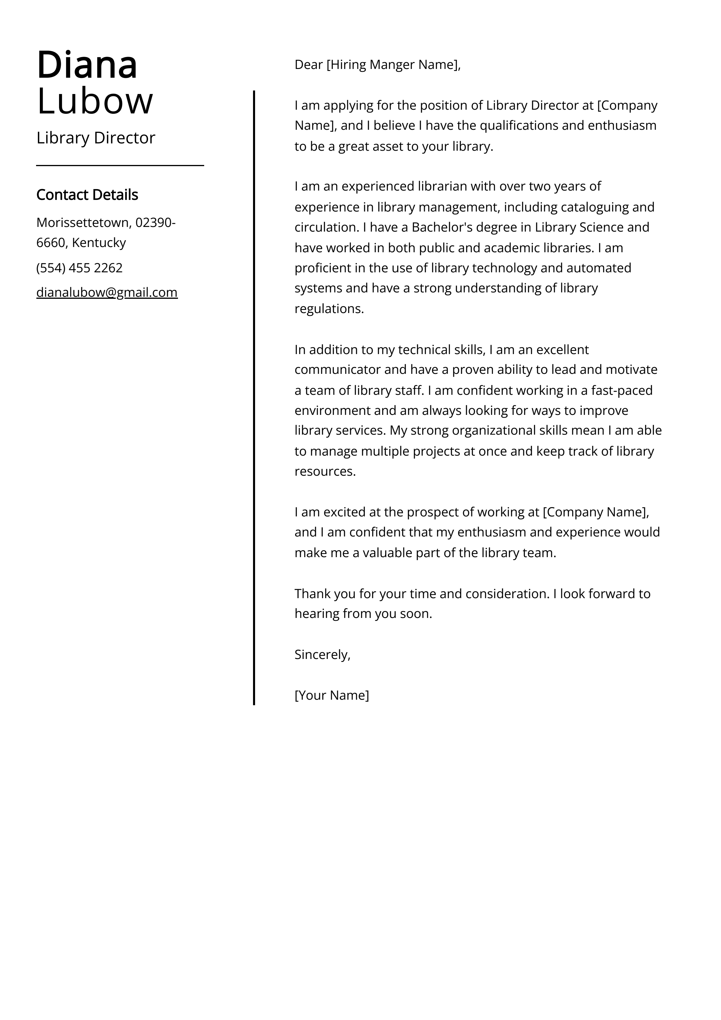 Library Director Cover Letter Example