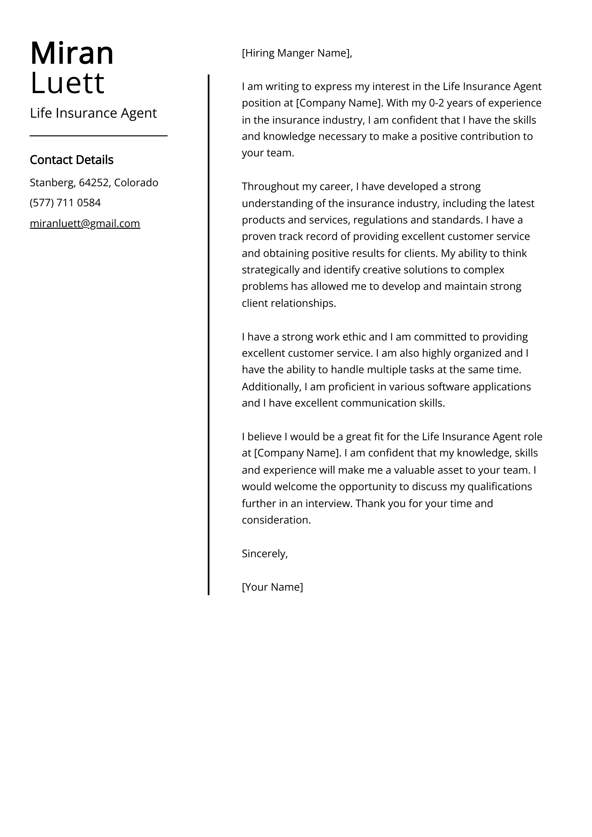 Life Insurance Agent Cover Letter Example