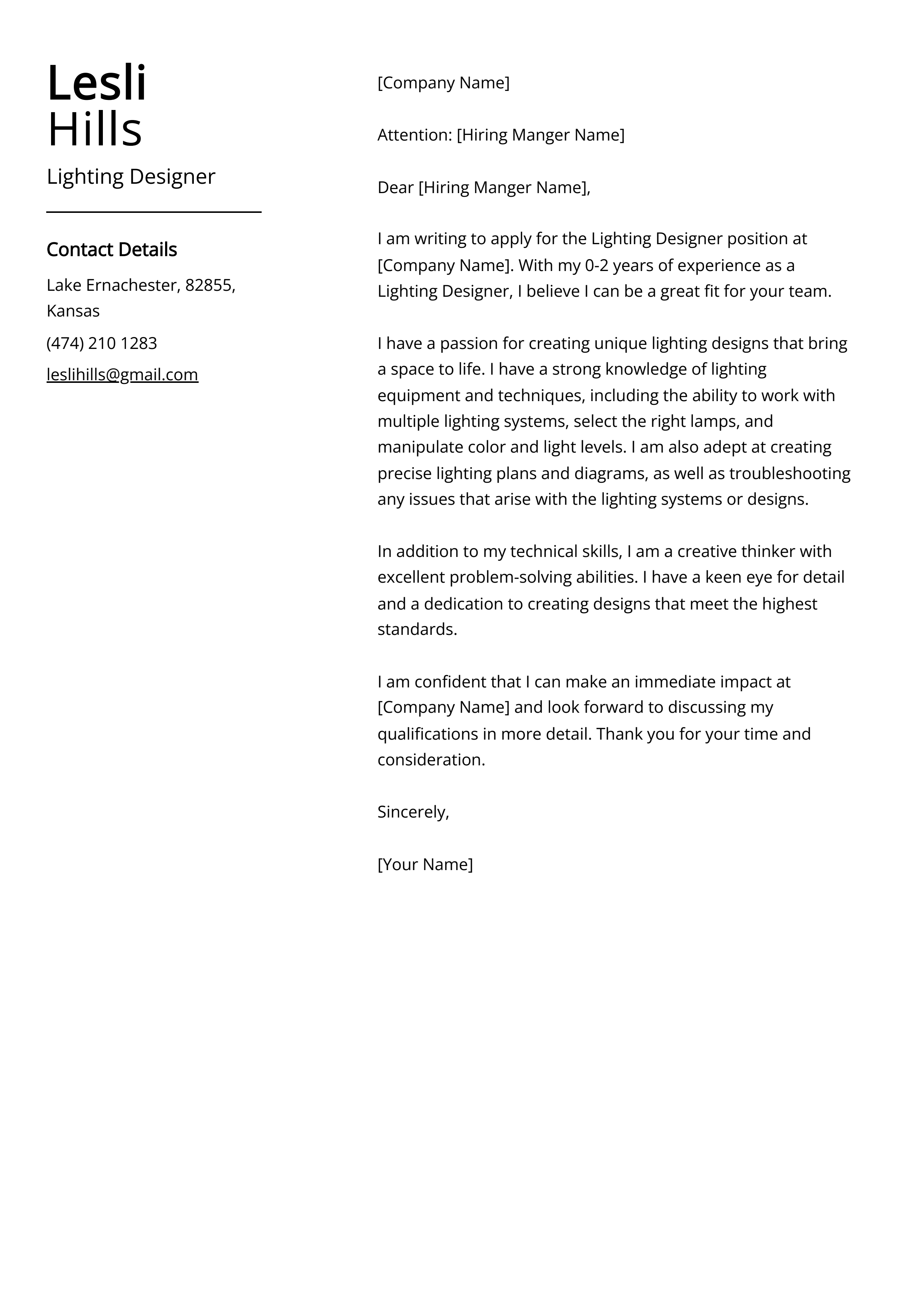 Lighting Designer Cover Letter Example