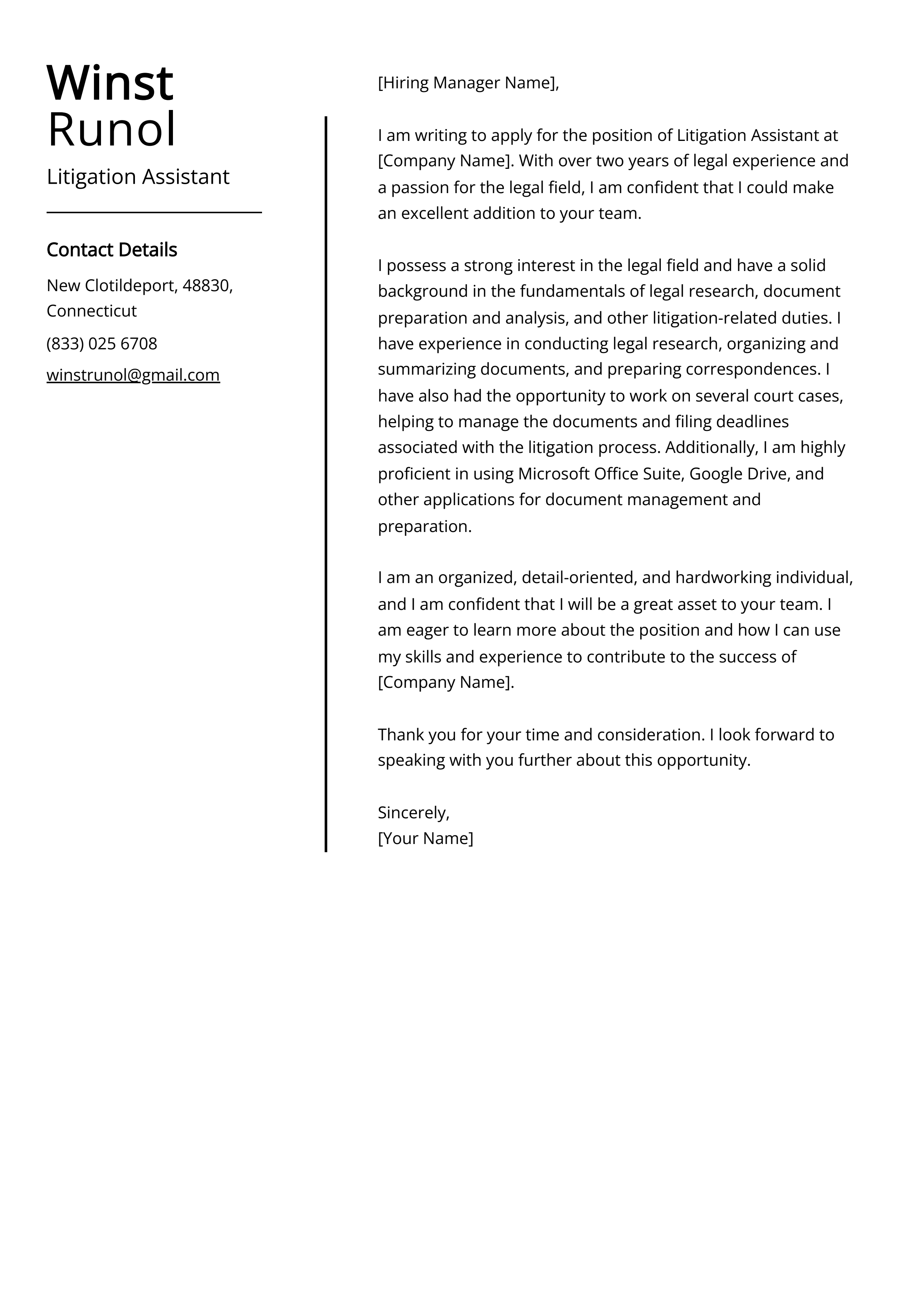 Litigation Assistant Cover Letter Example