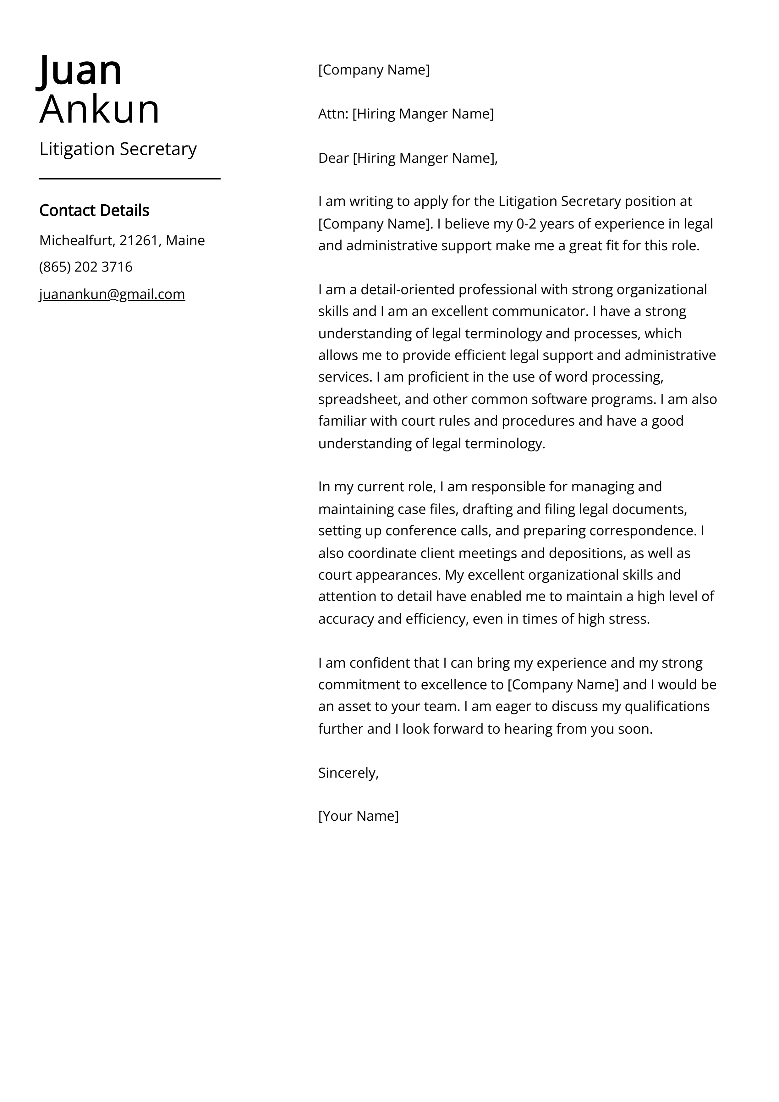 Litigation Secretary Cover Letter Example