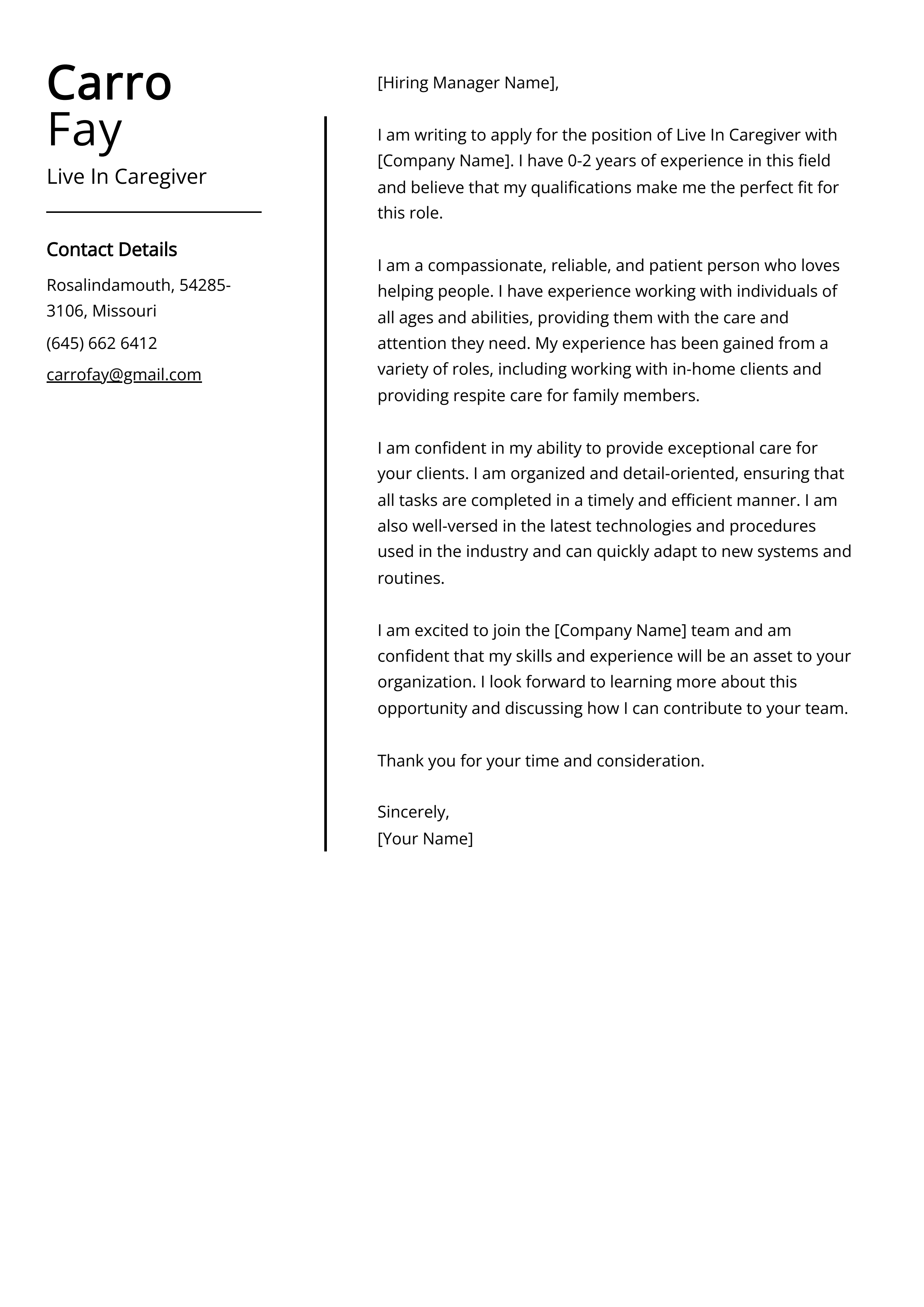 Live In Caregiver Cover Letter Example