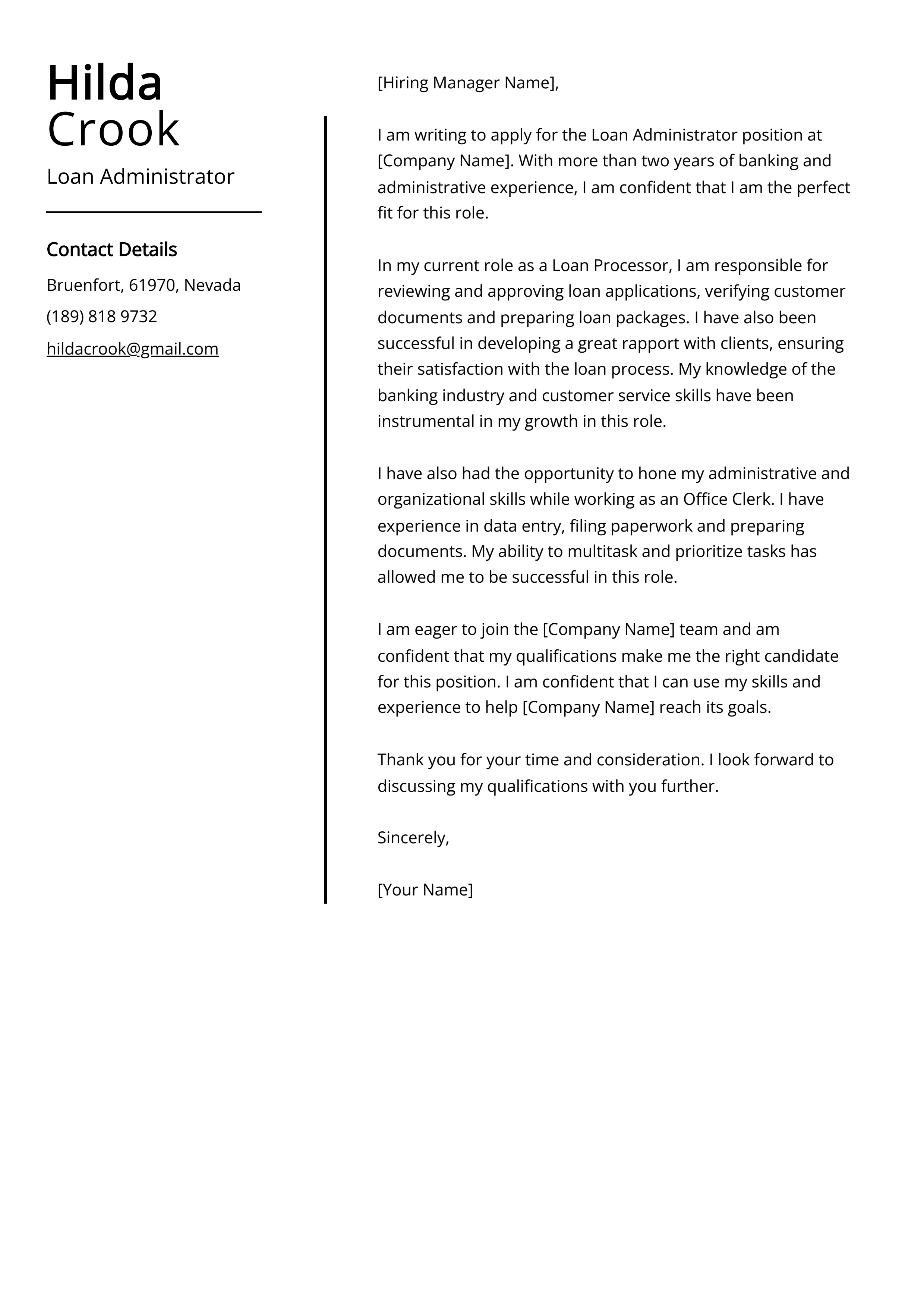 Loan Administrator Cover Letter Example