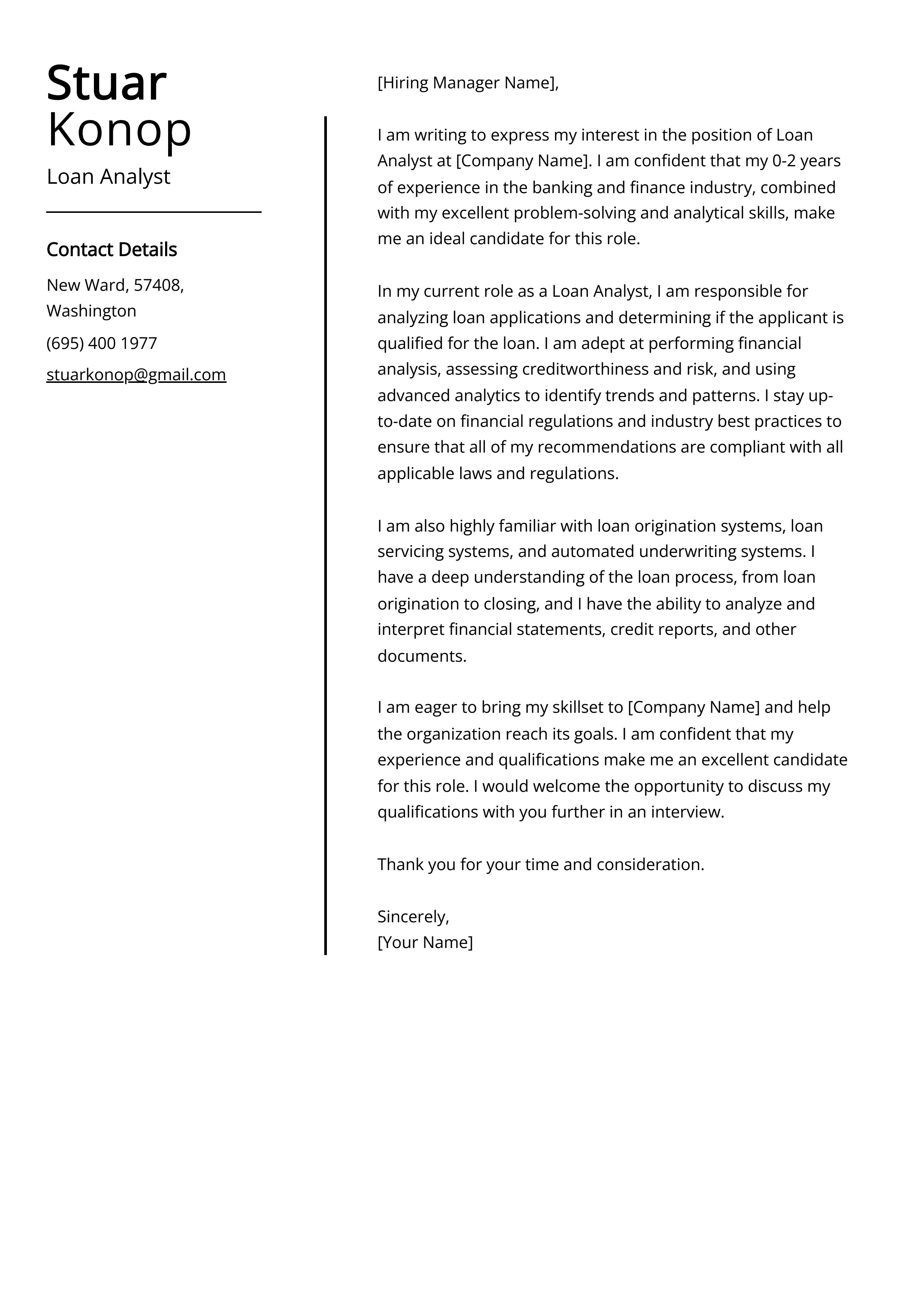 Loan Analyst Cover Letter Example