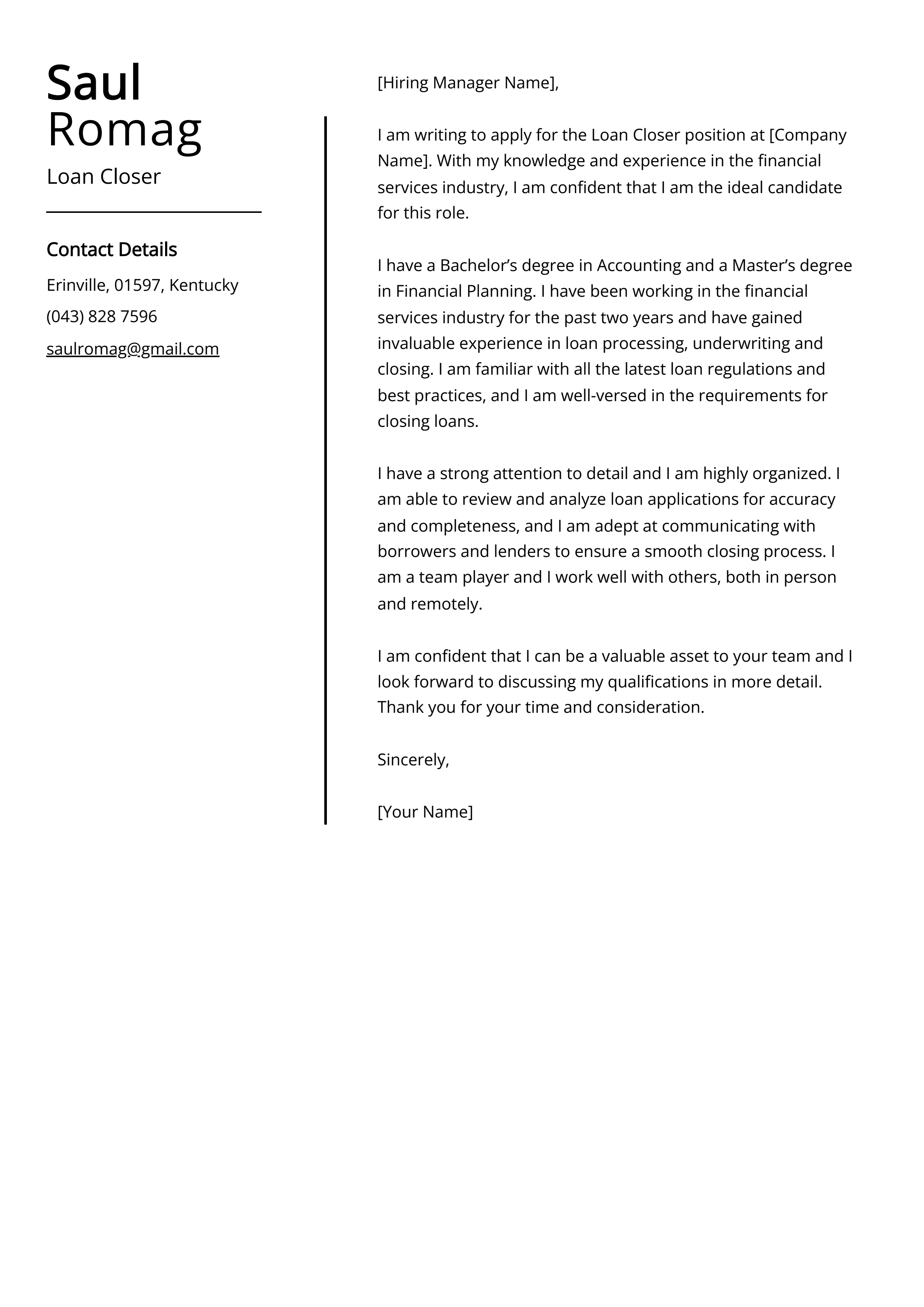 Loan Closer Cover Letter Example