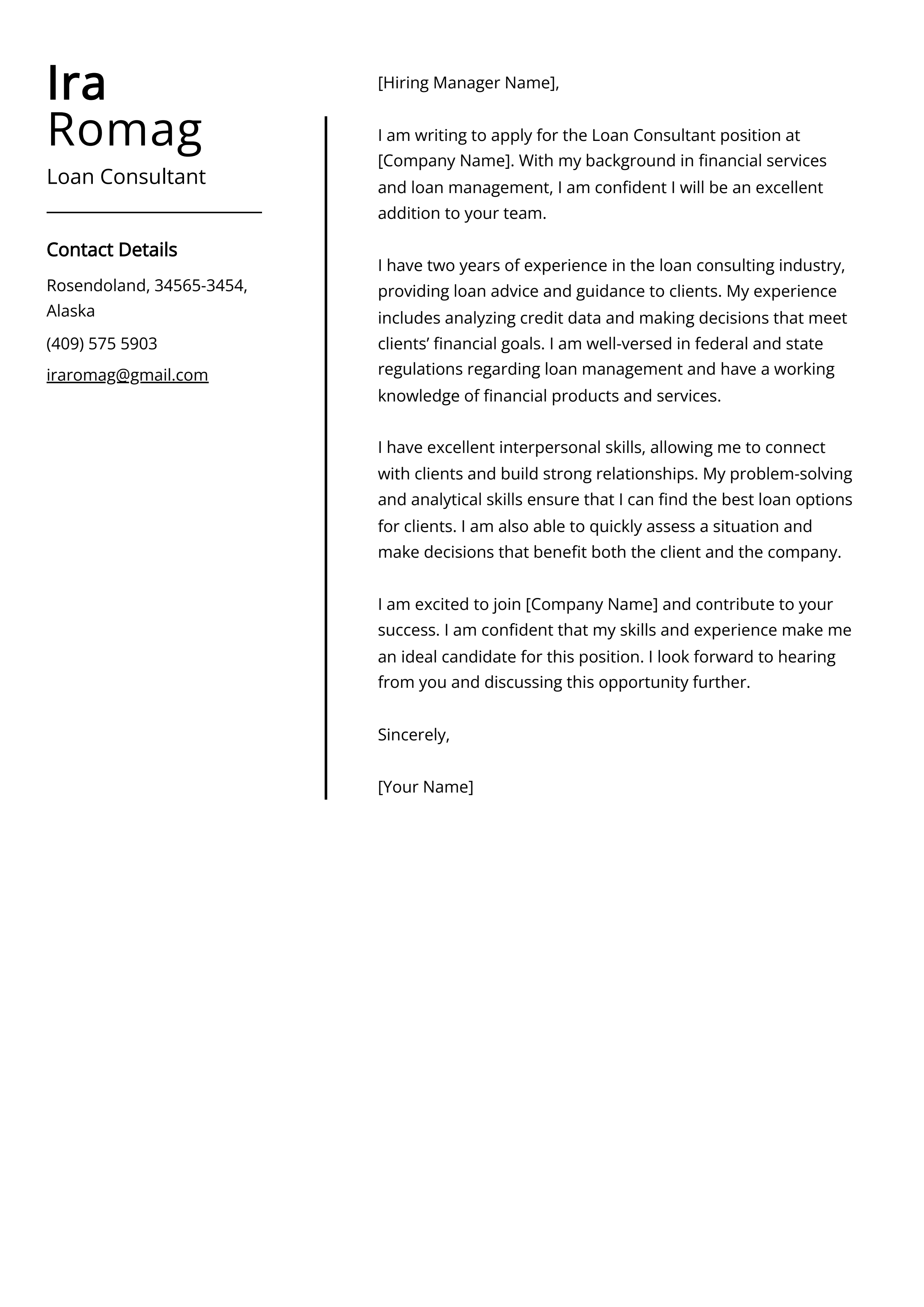 Loan Consultant Cover Letter Example