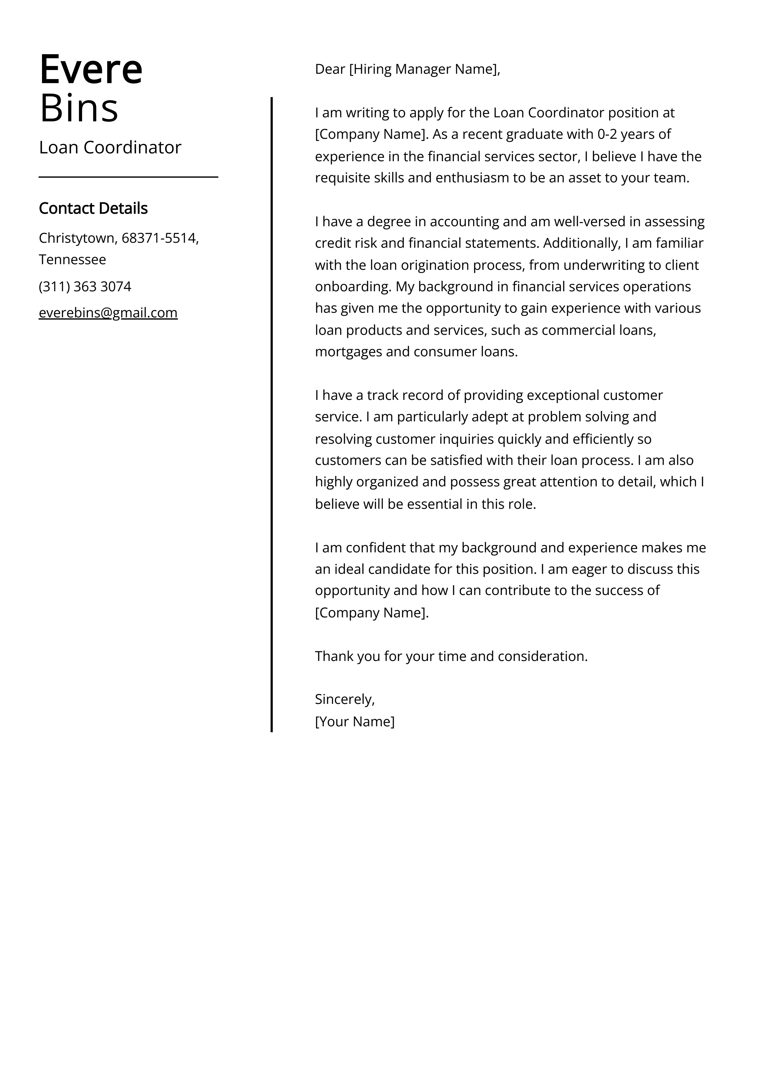 Loan Coordinator Cover Letter Example