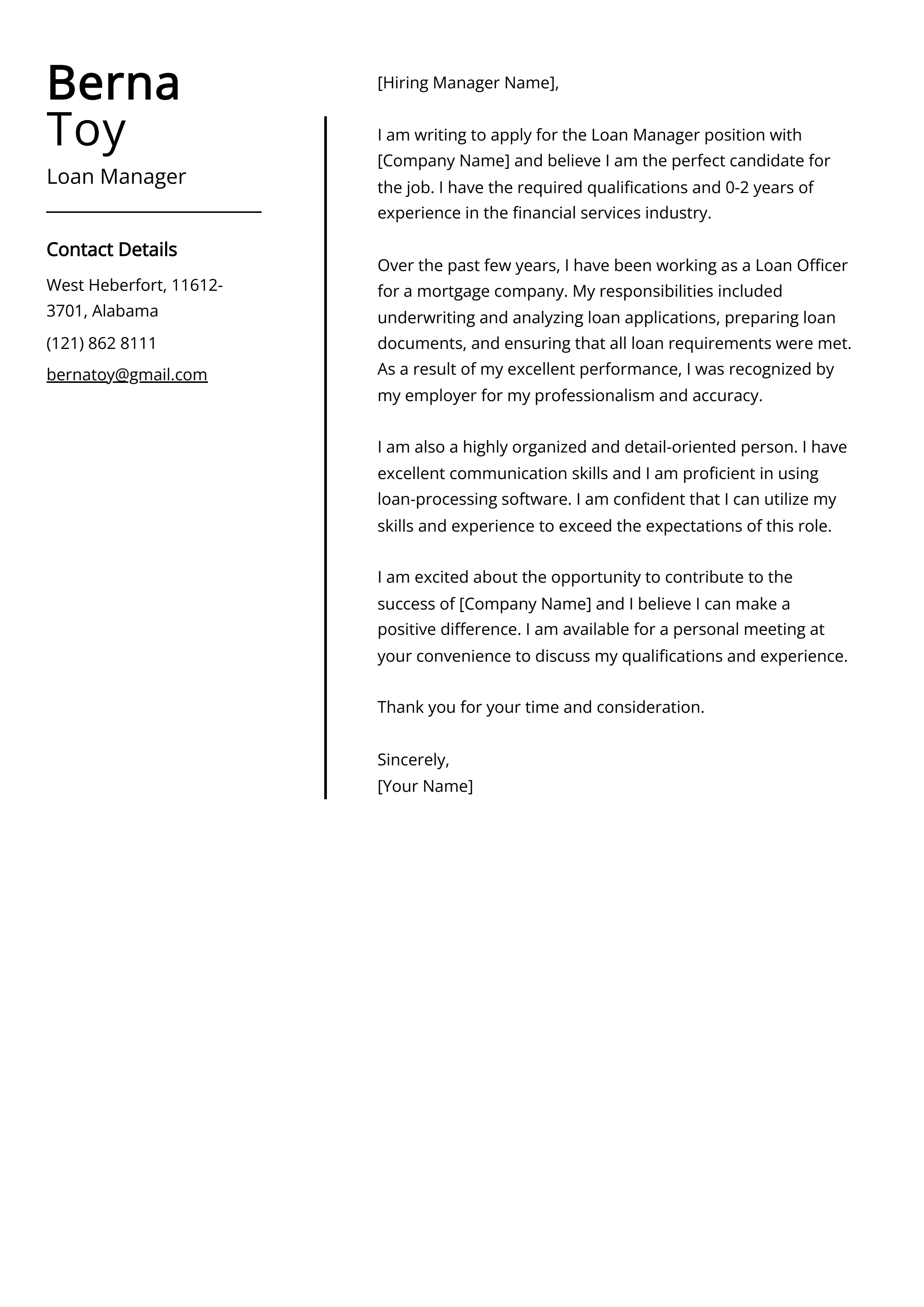 Loan Manager Cover Letter Example