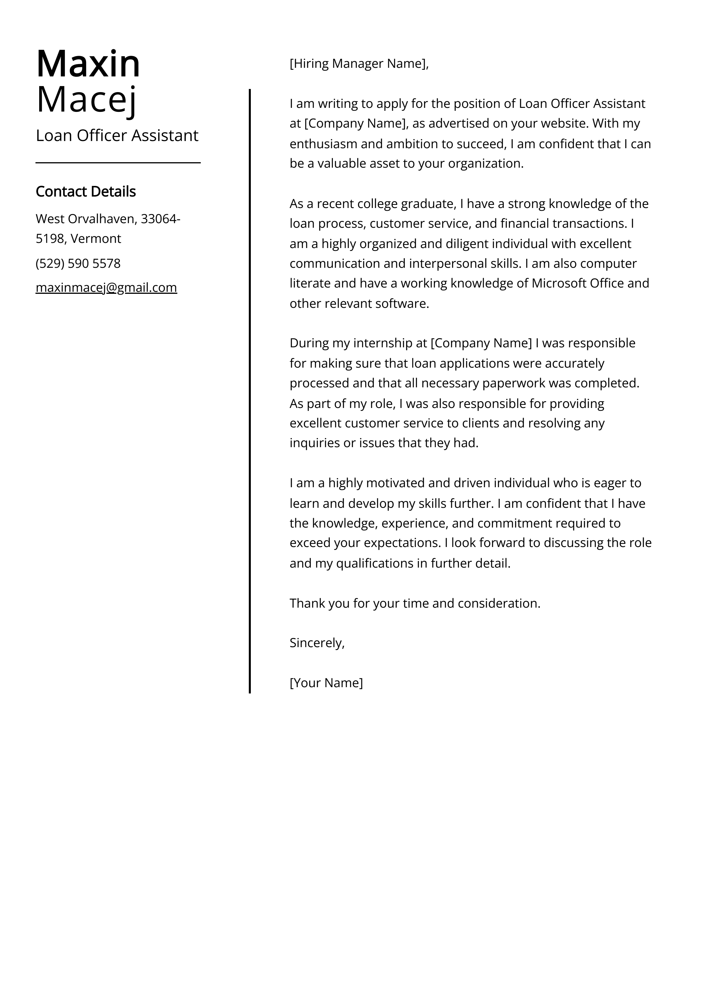 Loan Officer Assistant Cover Letter Example