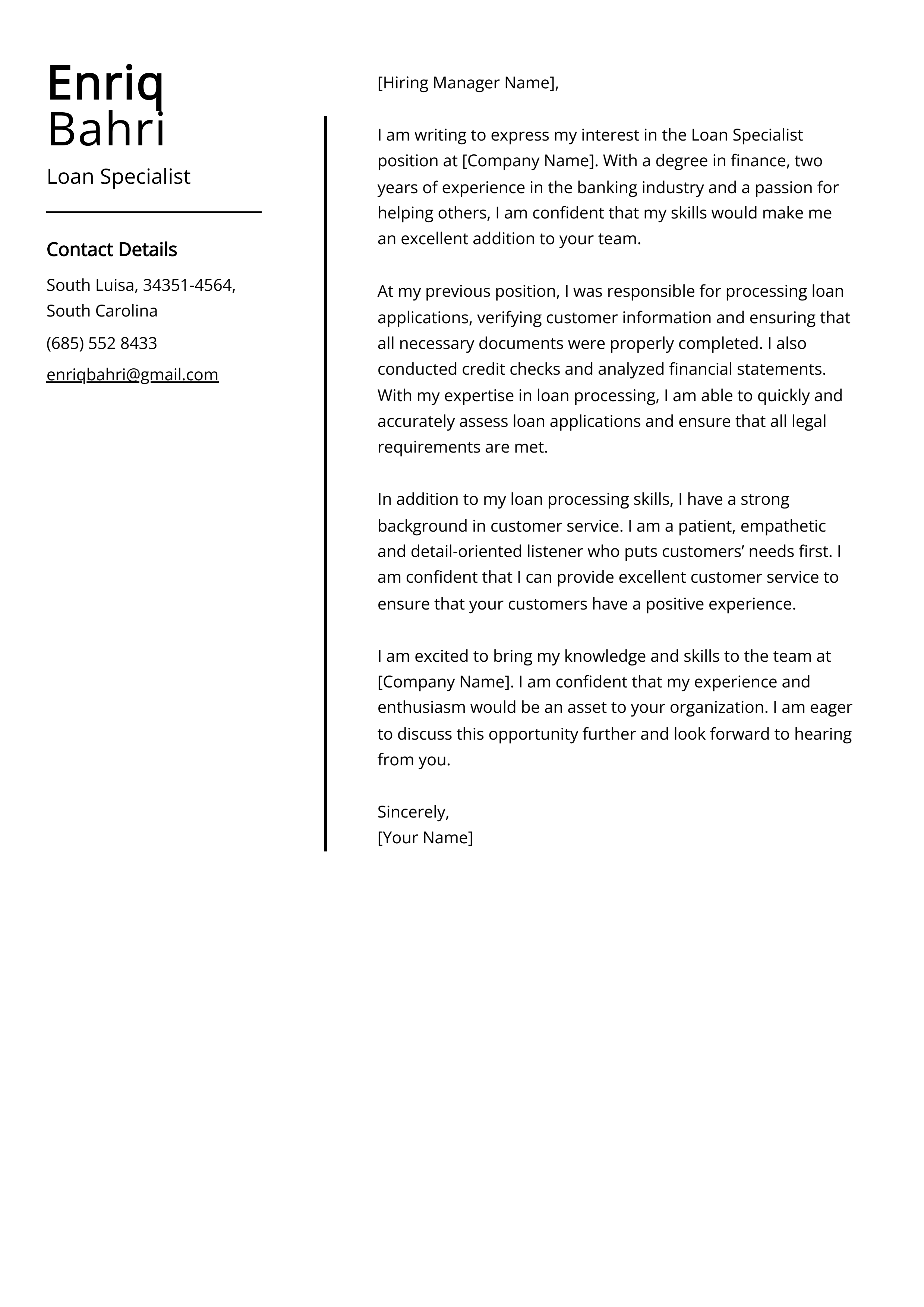 Loan Specialist Cover Letter Example