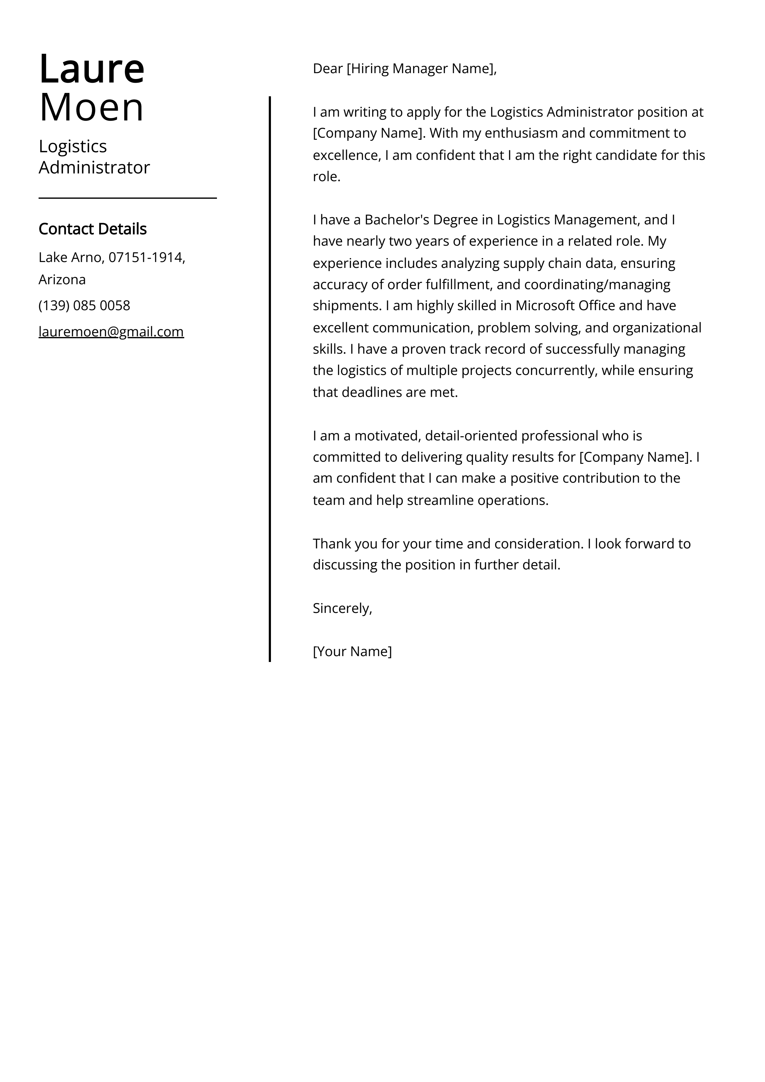 Logistics Administrator Cover Letter Example