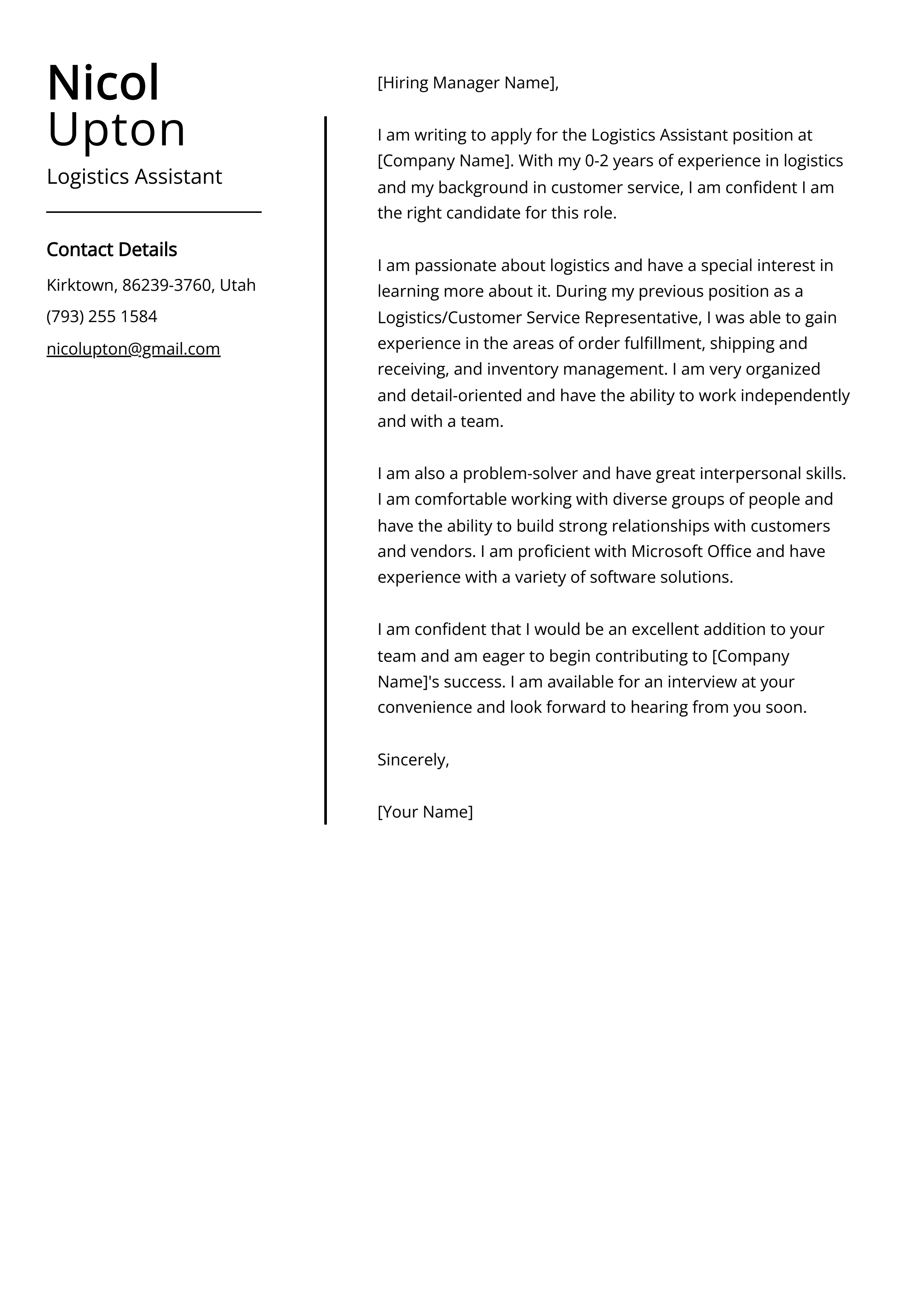 Logistics Assistant Cover Letter Example