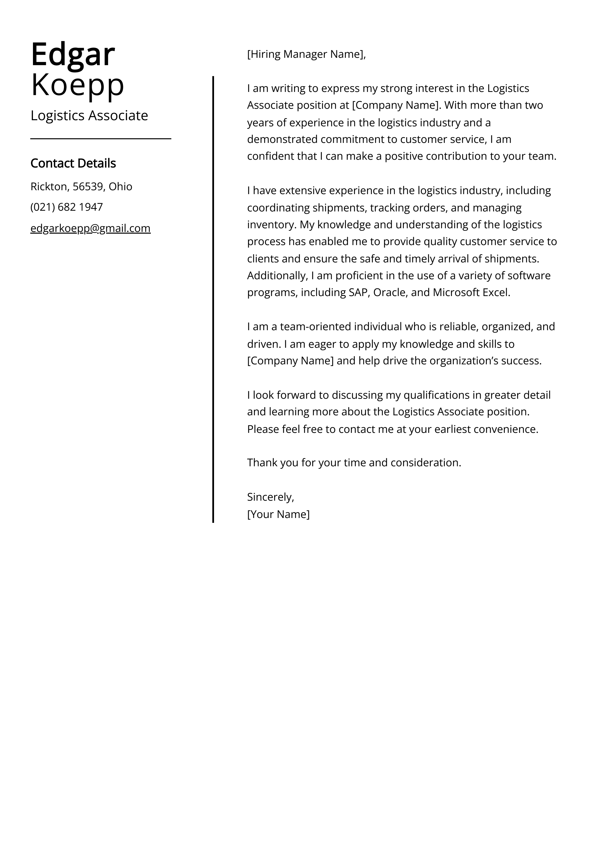 Logistics Associate Cover Letter Example