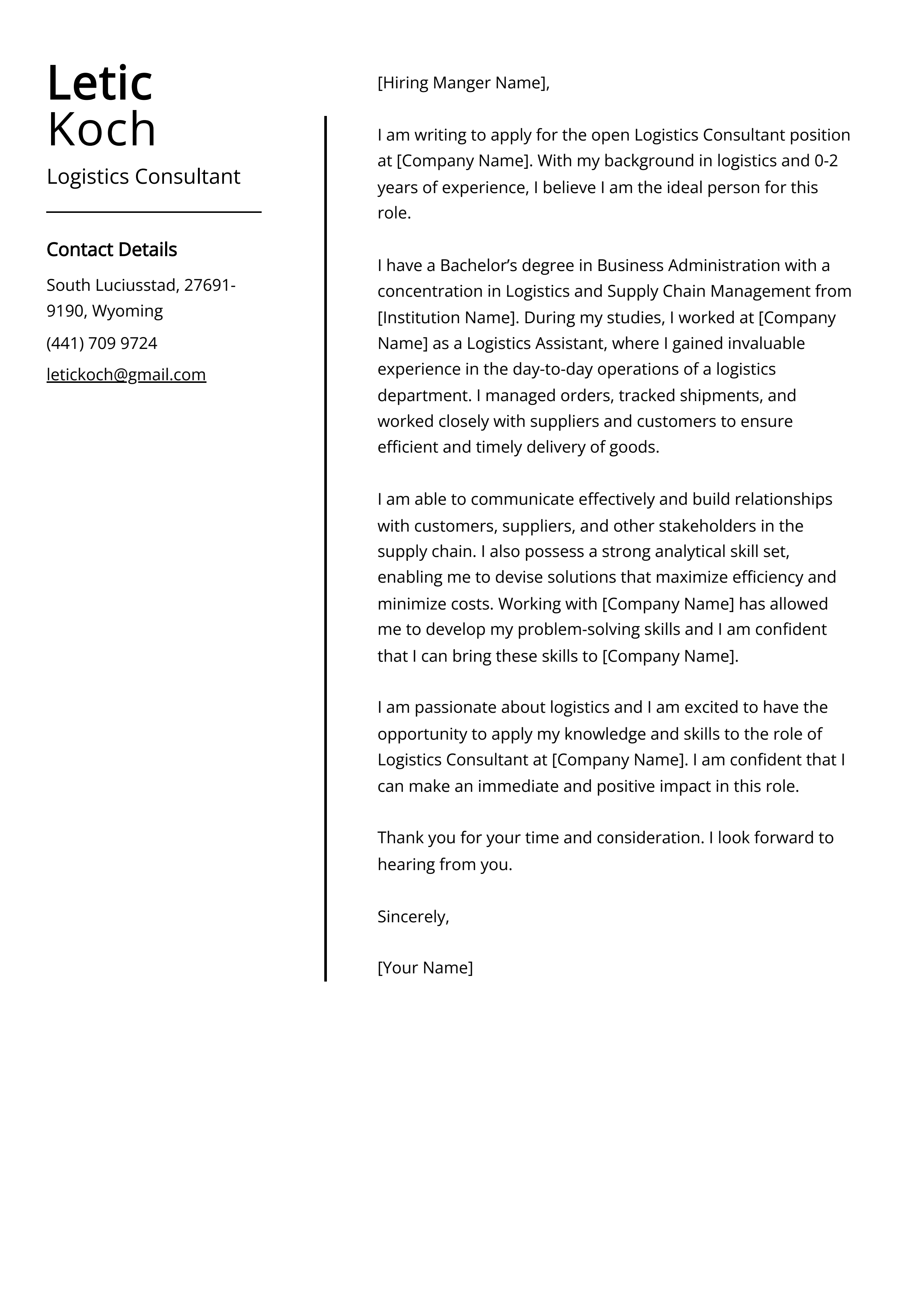 Logistics Consultant Cover Letter Example