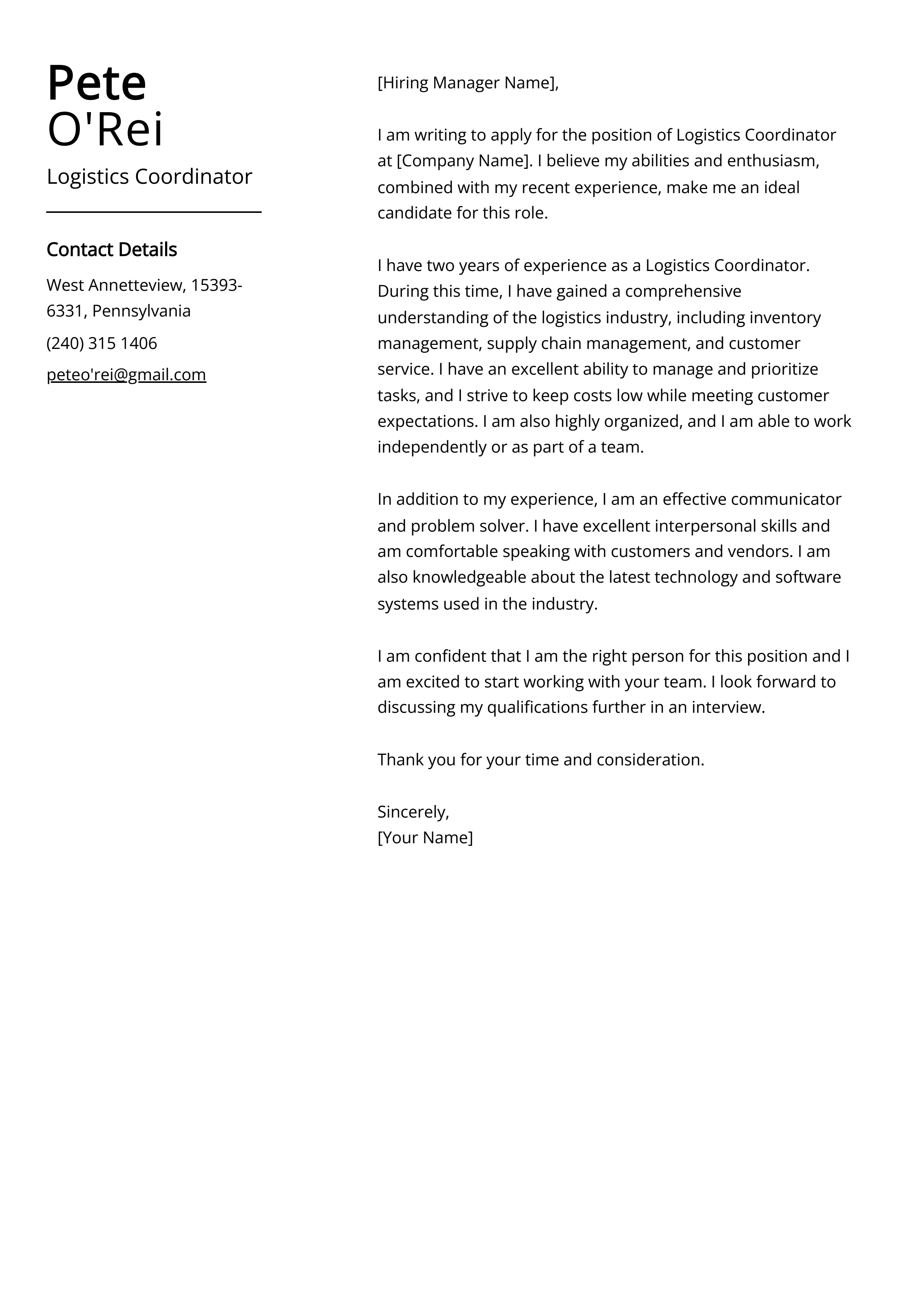 Logistics Coordinator Cover Letter Example