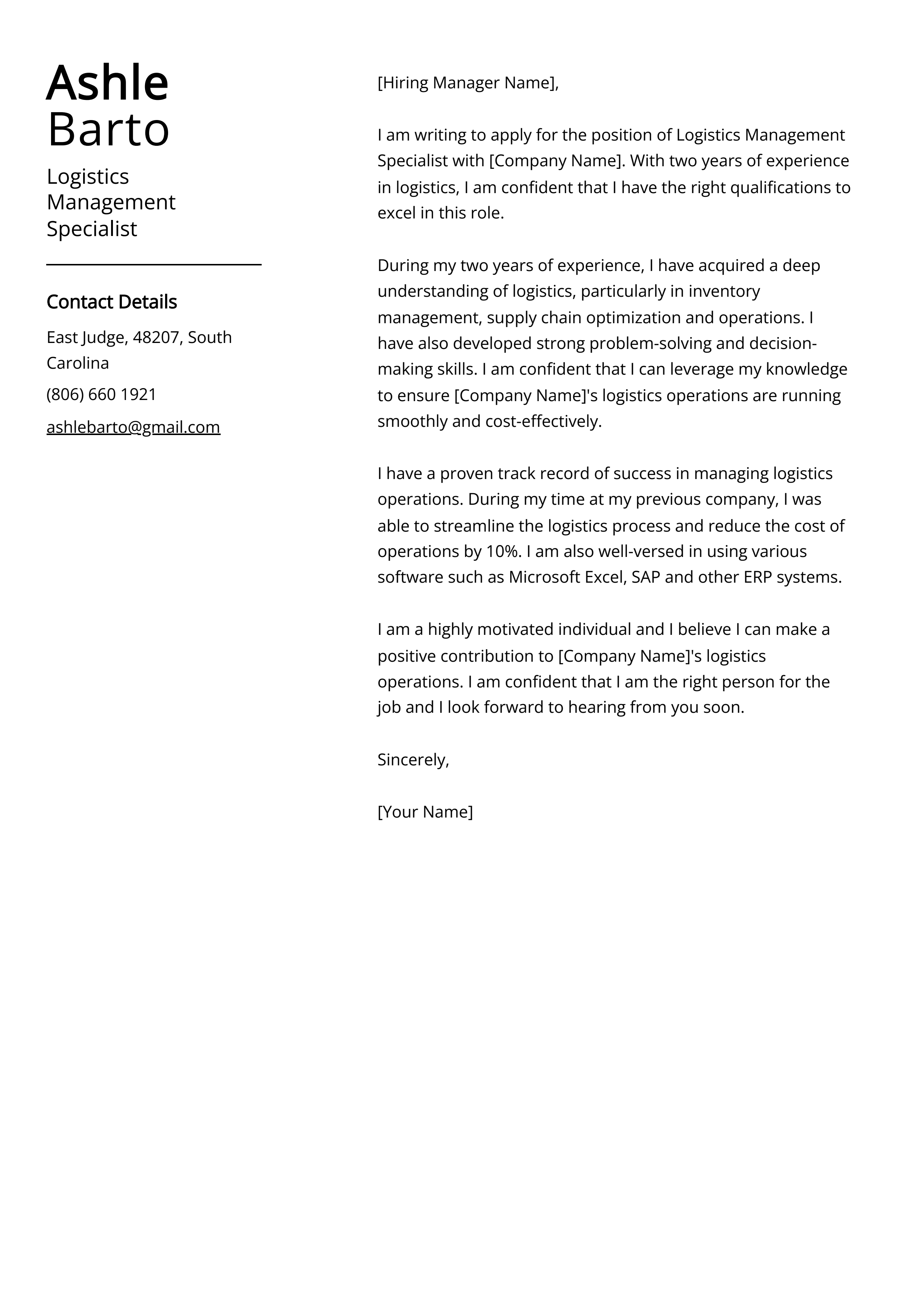 Logistics Management Specialist Cover Letter Example