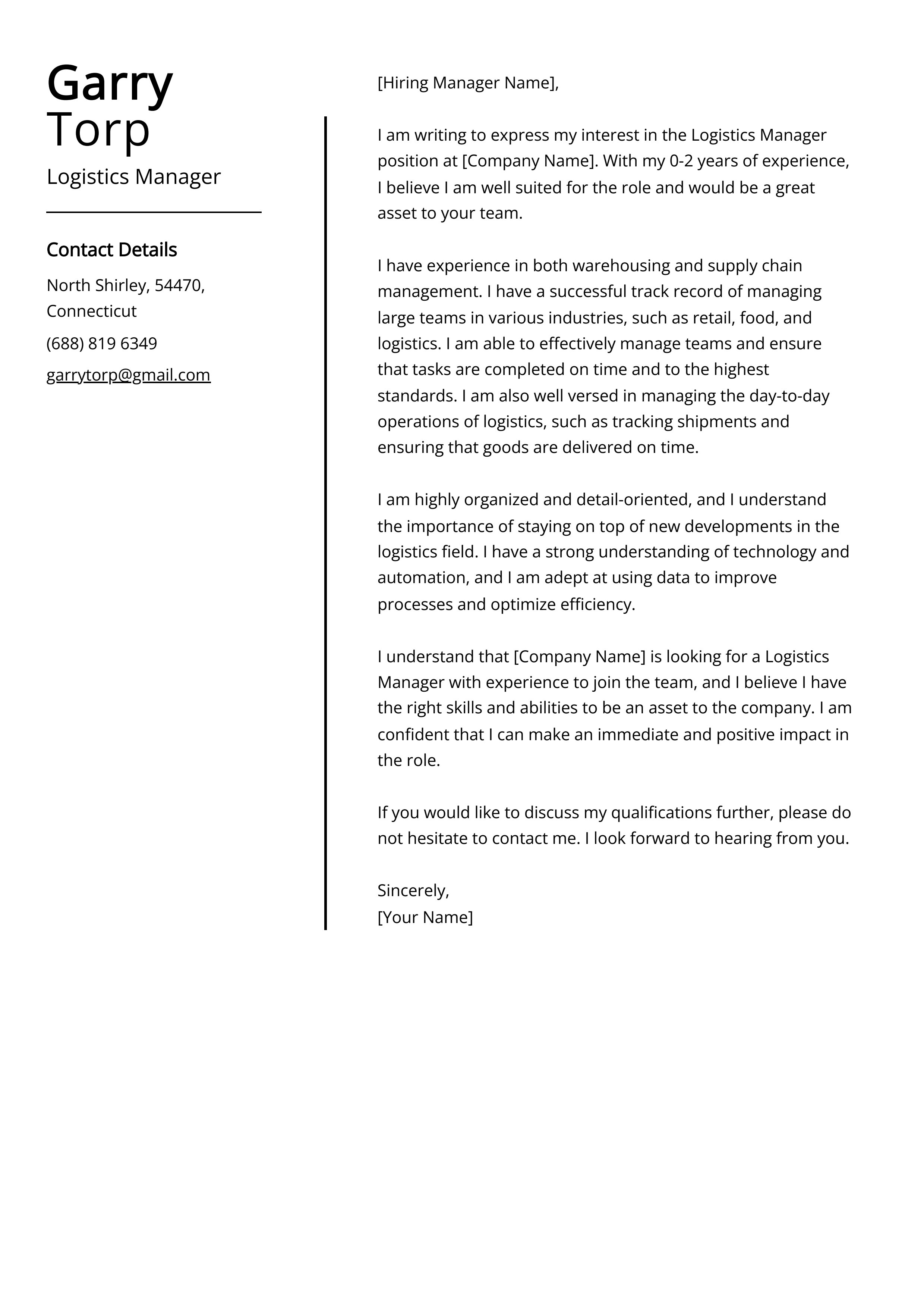 Logistics Manager Cover Letter Example