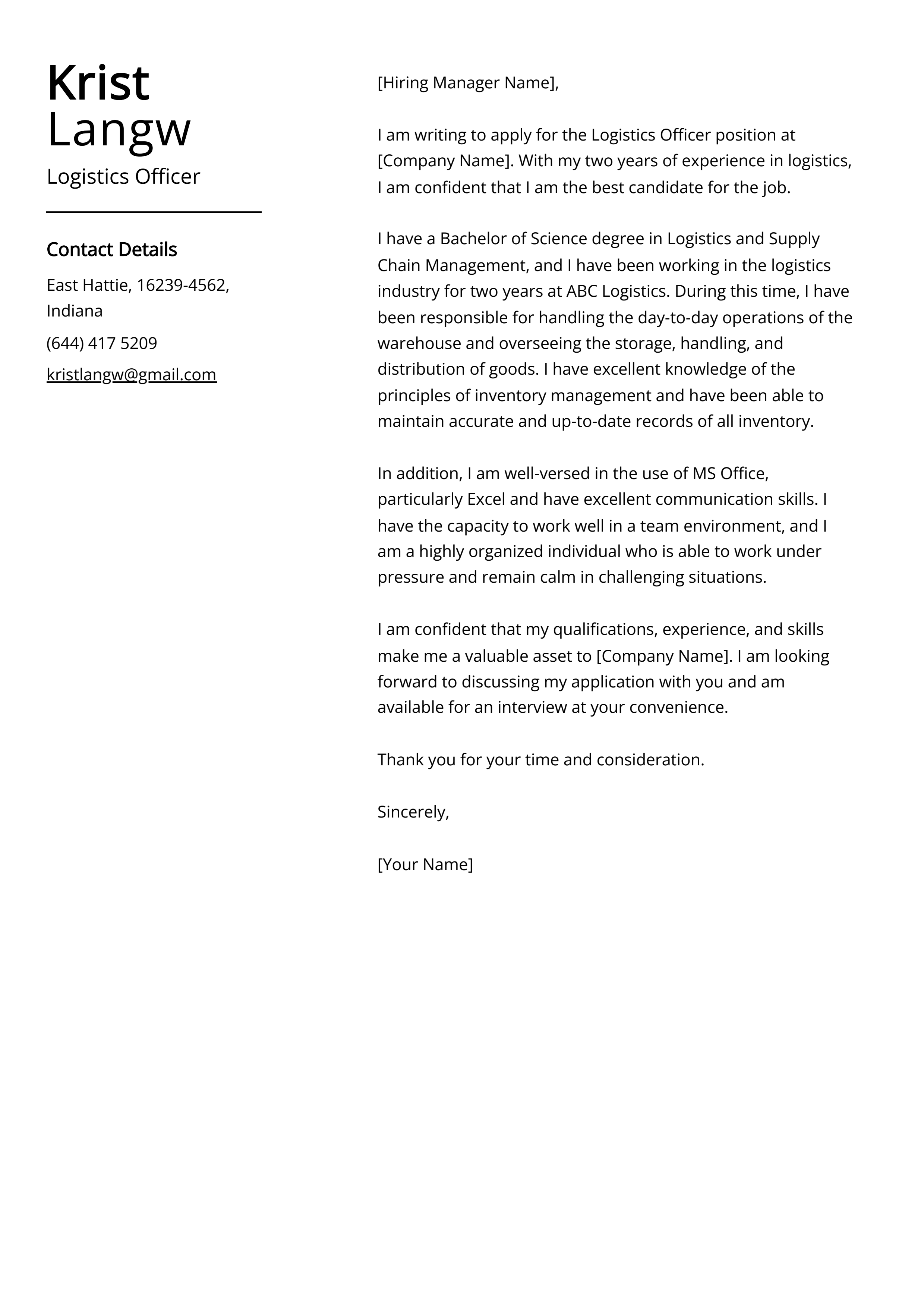 Logistics Officer Cover Letter Example