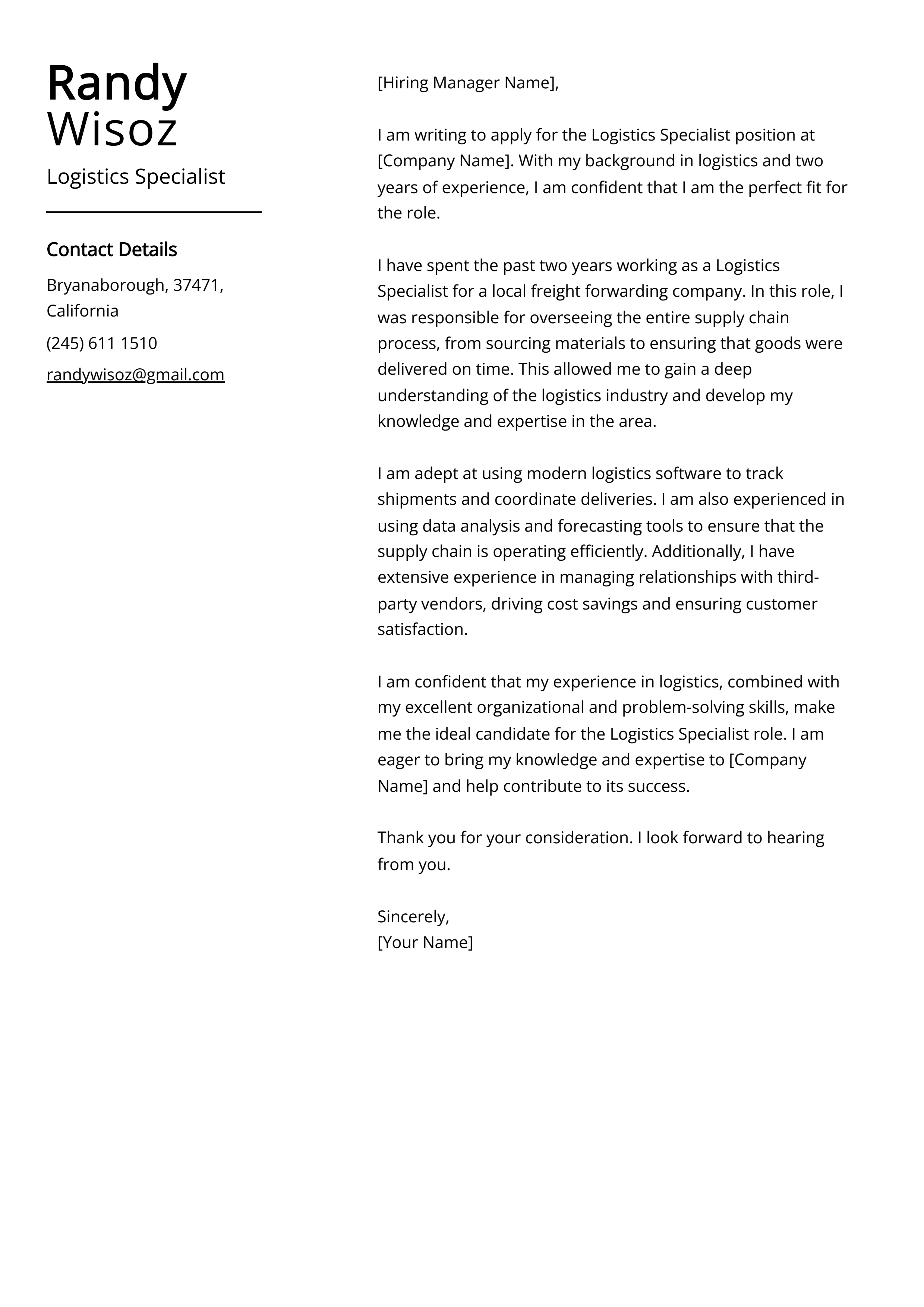 Logistics Specialist Cover Letter Example