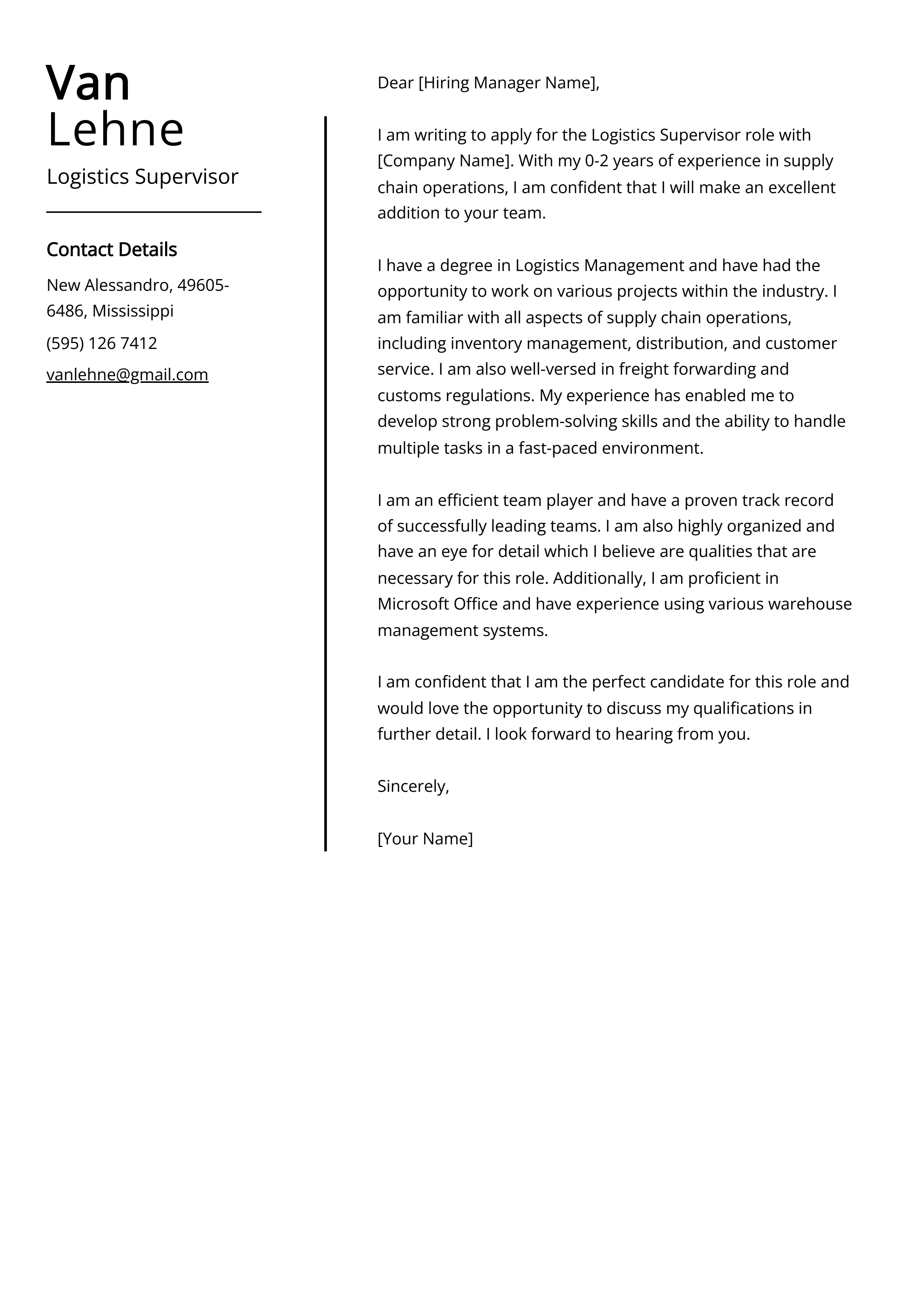 Logistics Supervisor Cover Letter Example