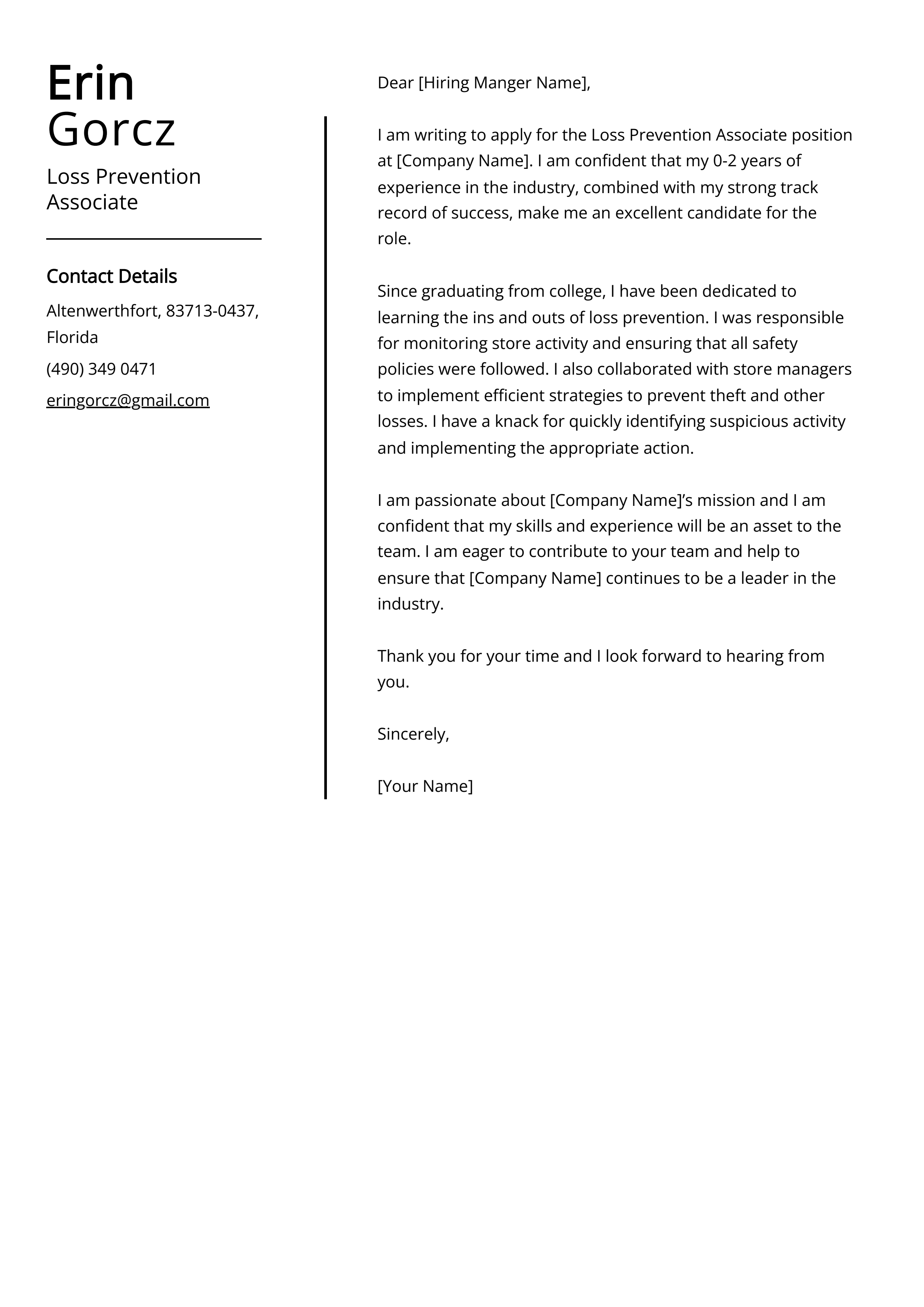 Loss Prevention Associate Cover Letter Example