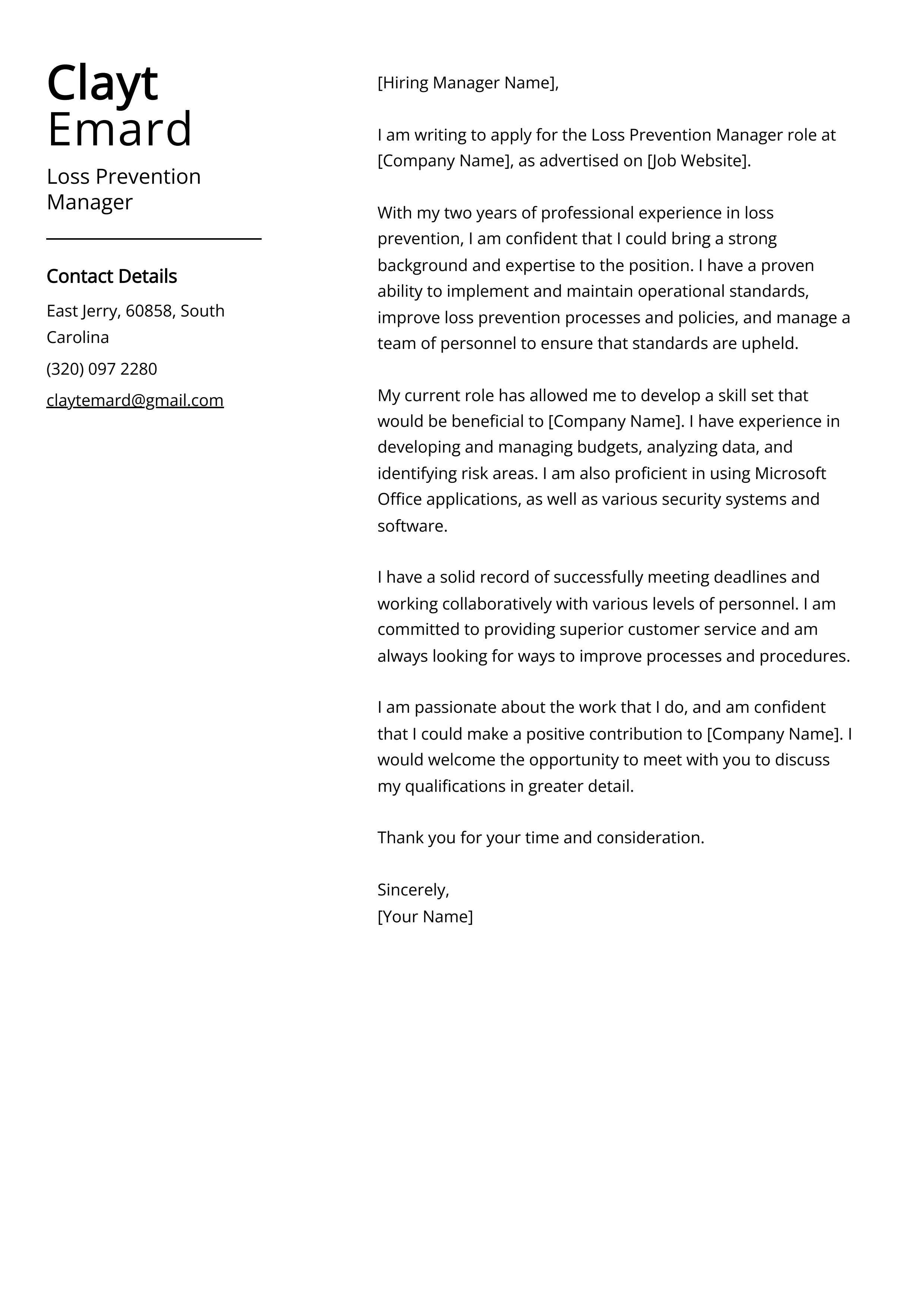 Loss Prevention Manager Cover Letter Example