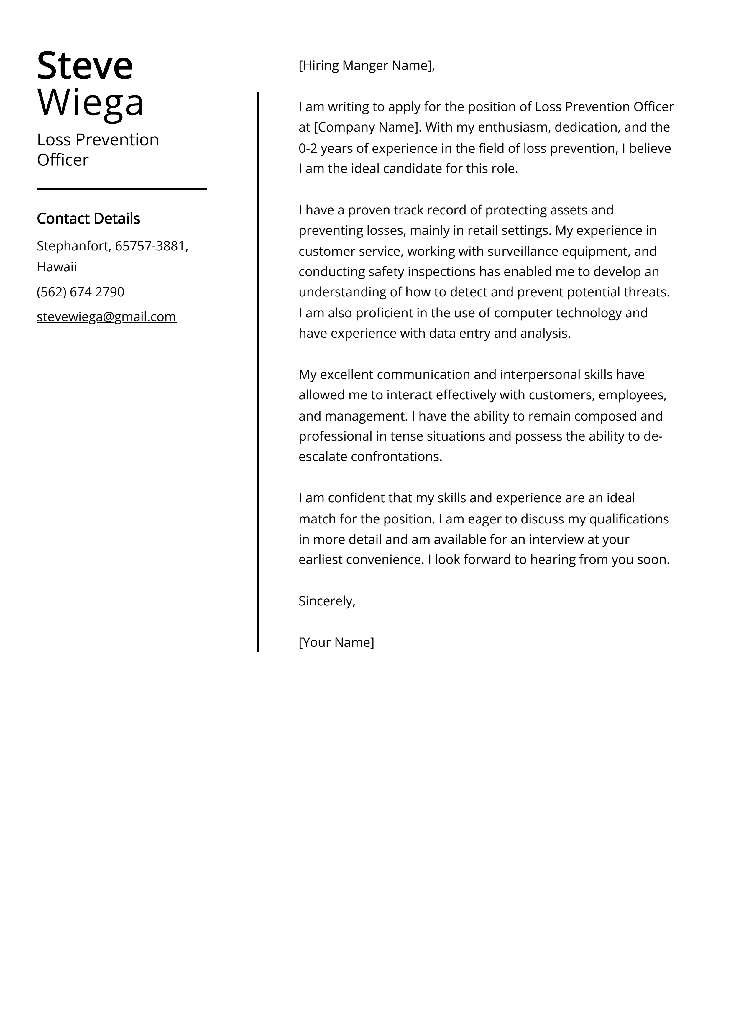 Loss Prevention Officer Cover Letter Example