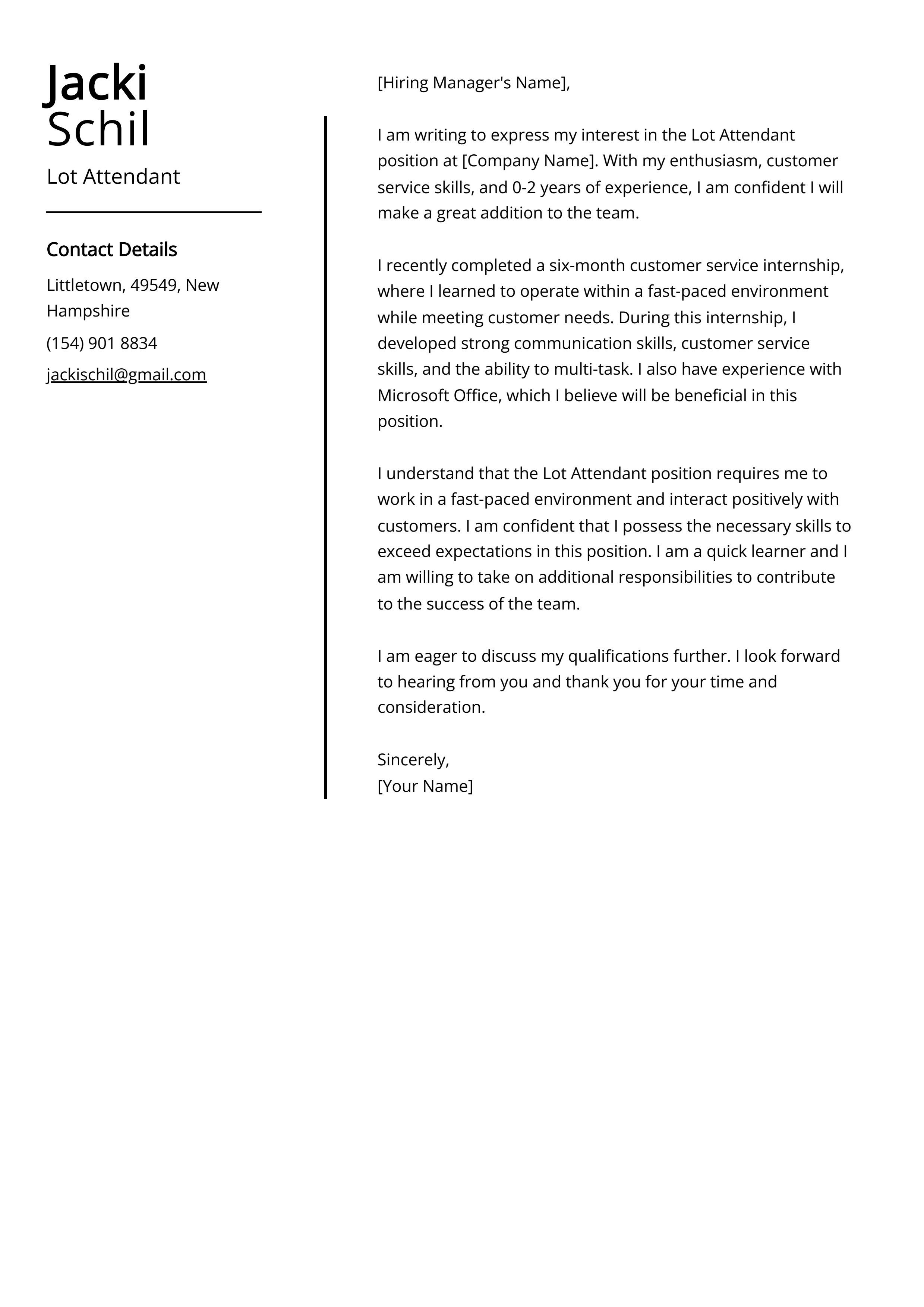 Lot Attendant Cover Letter Example