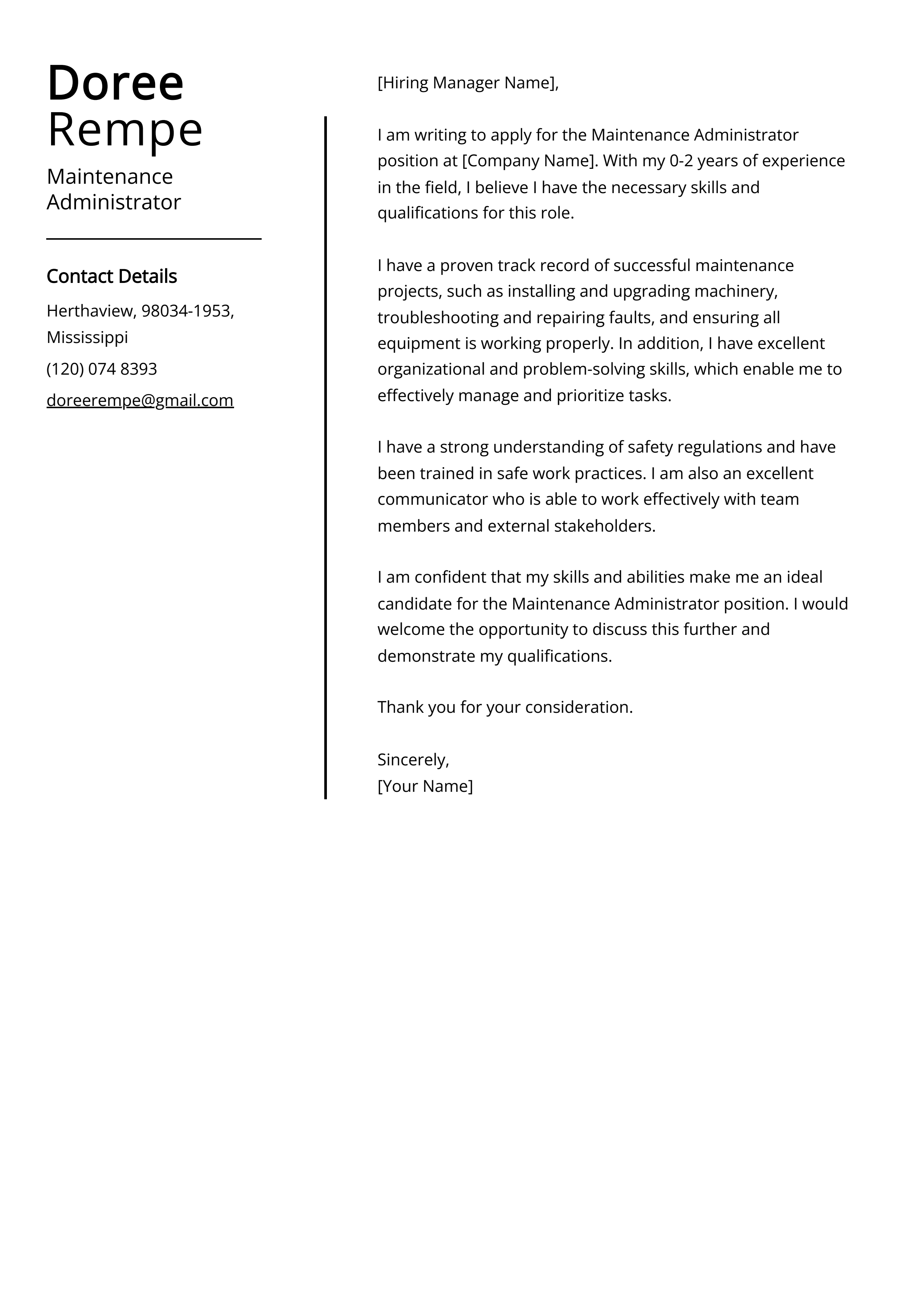 Maintenance Administrator Cover Letter Example