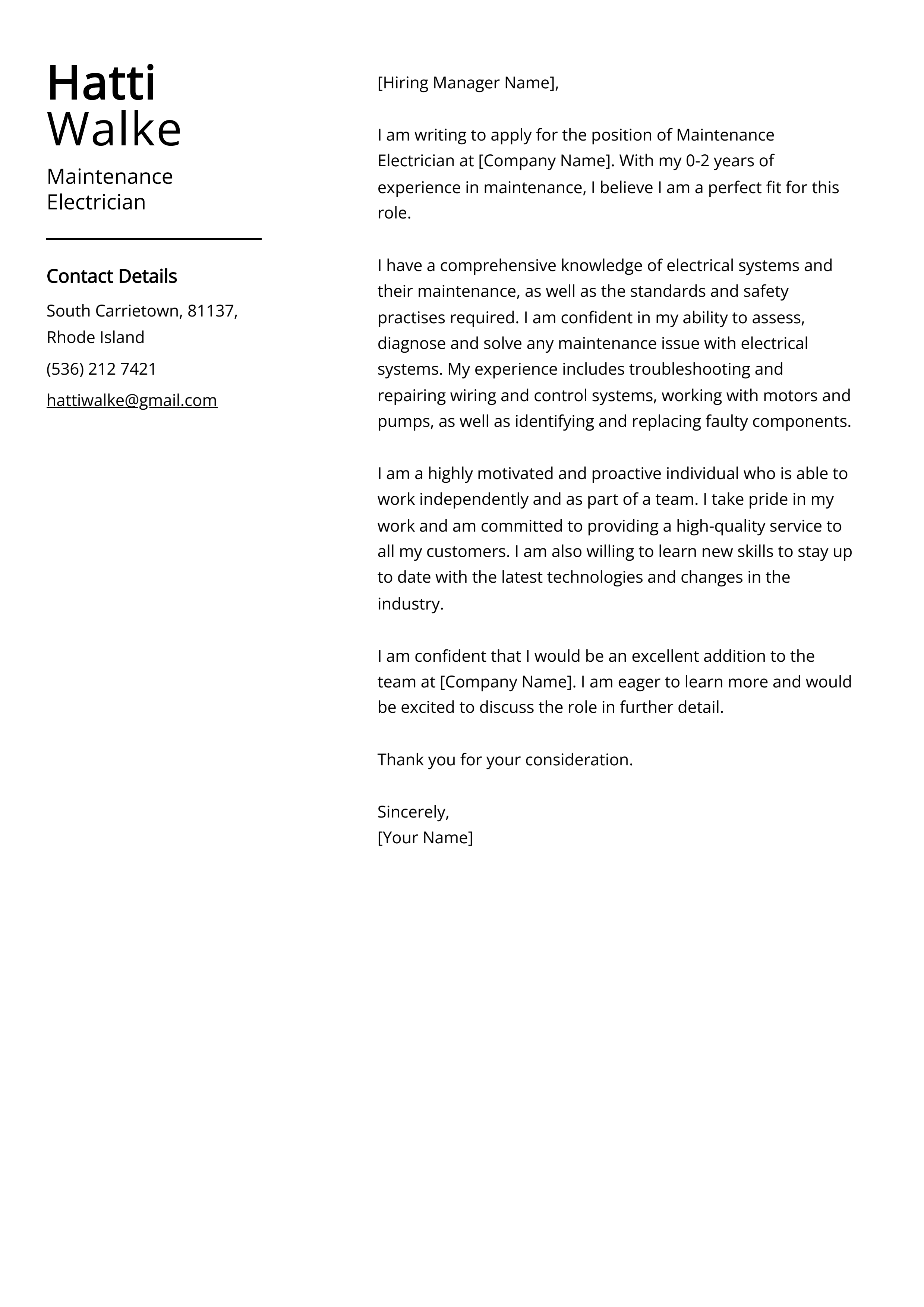 Maintenance Electrician Cover Letter Example