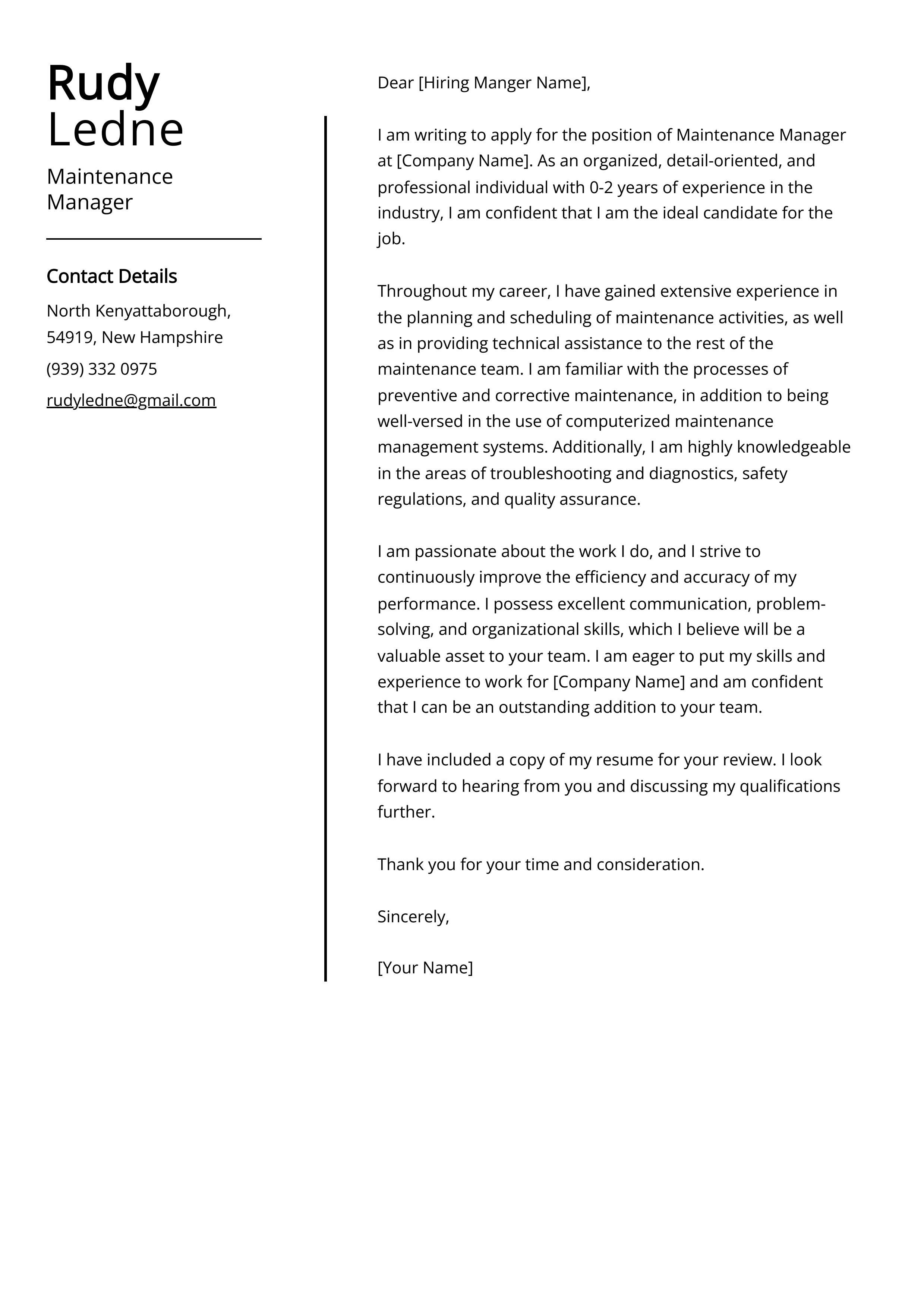 Maintenance Manager Cover Letter Example