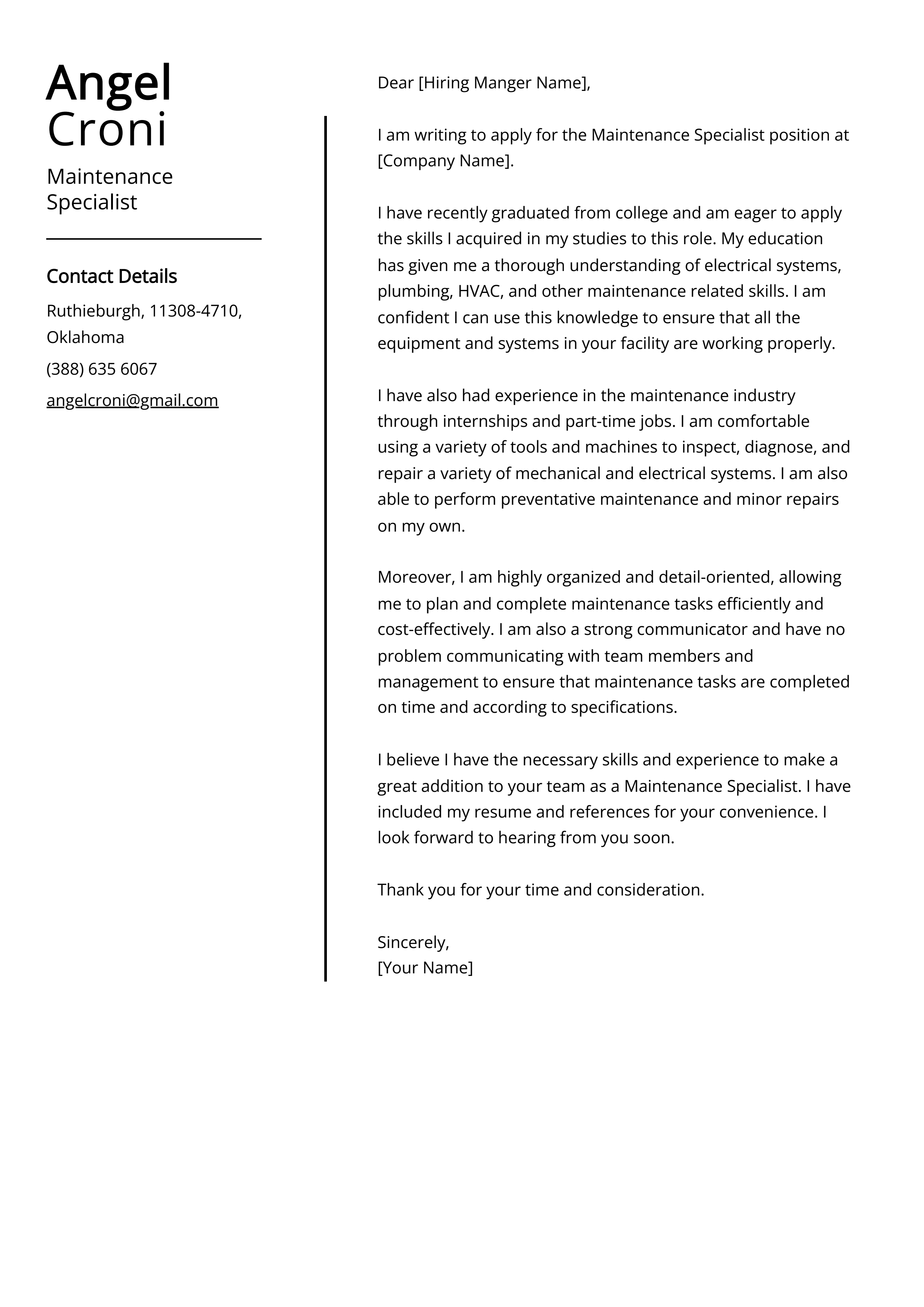 Maintenance Specialist Cover Letter Example