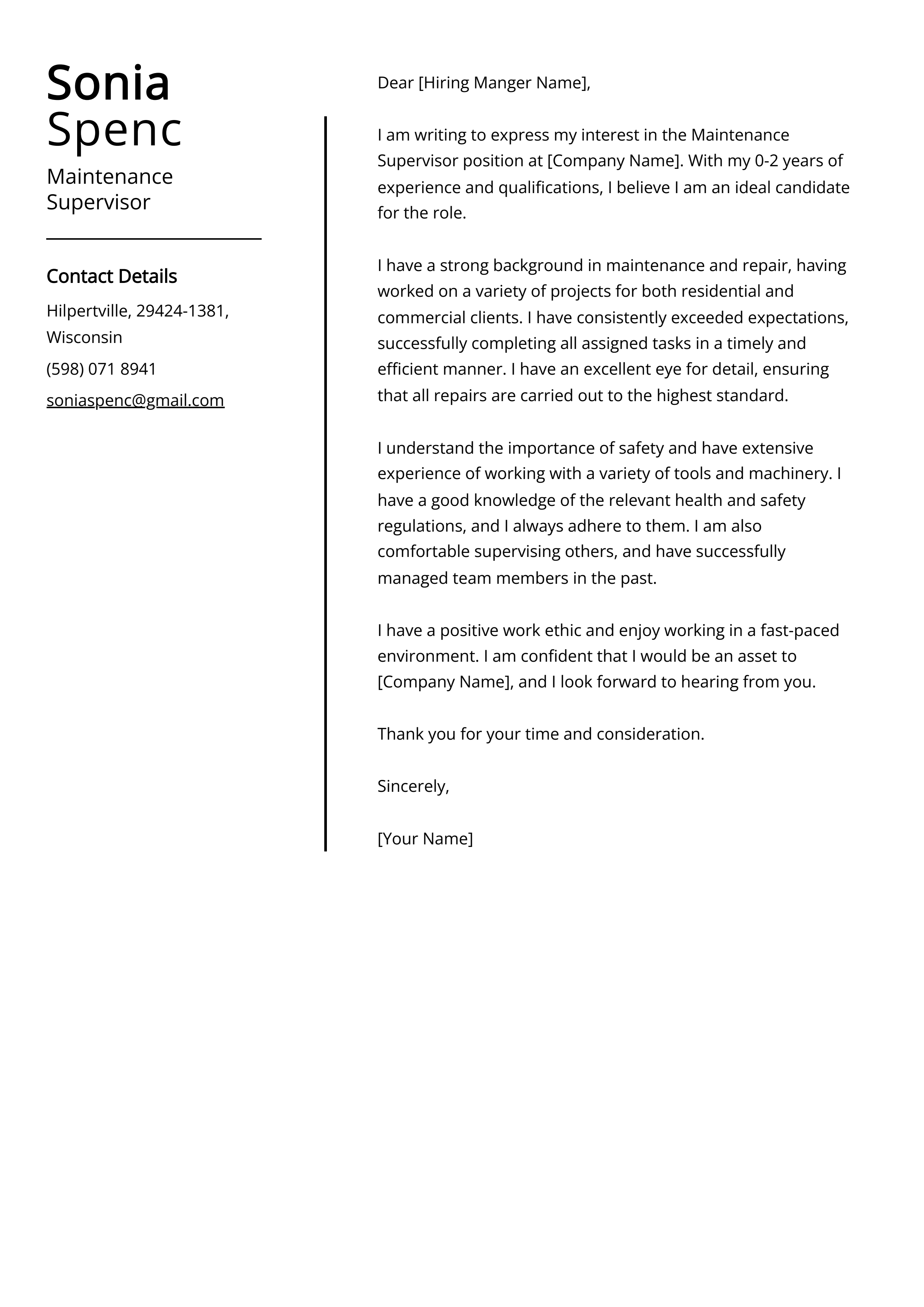 Maintenance Supervisor Cover Letter Example