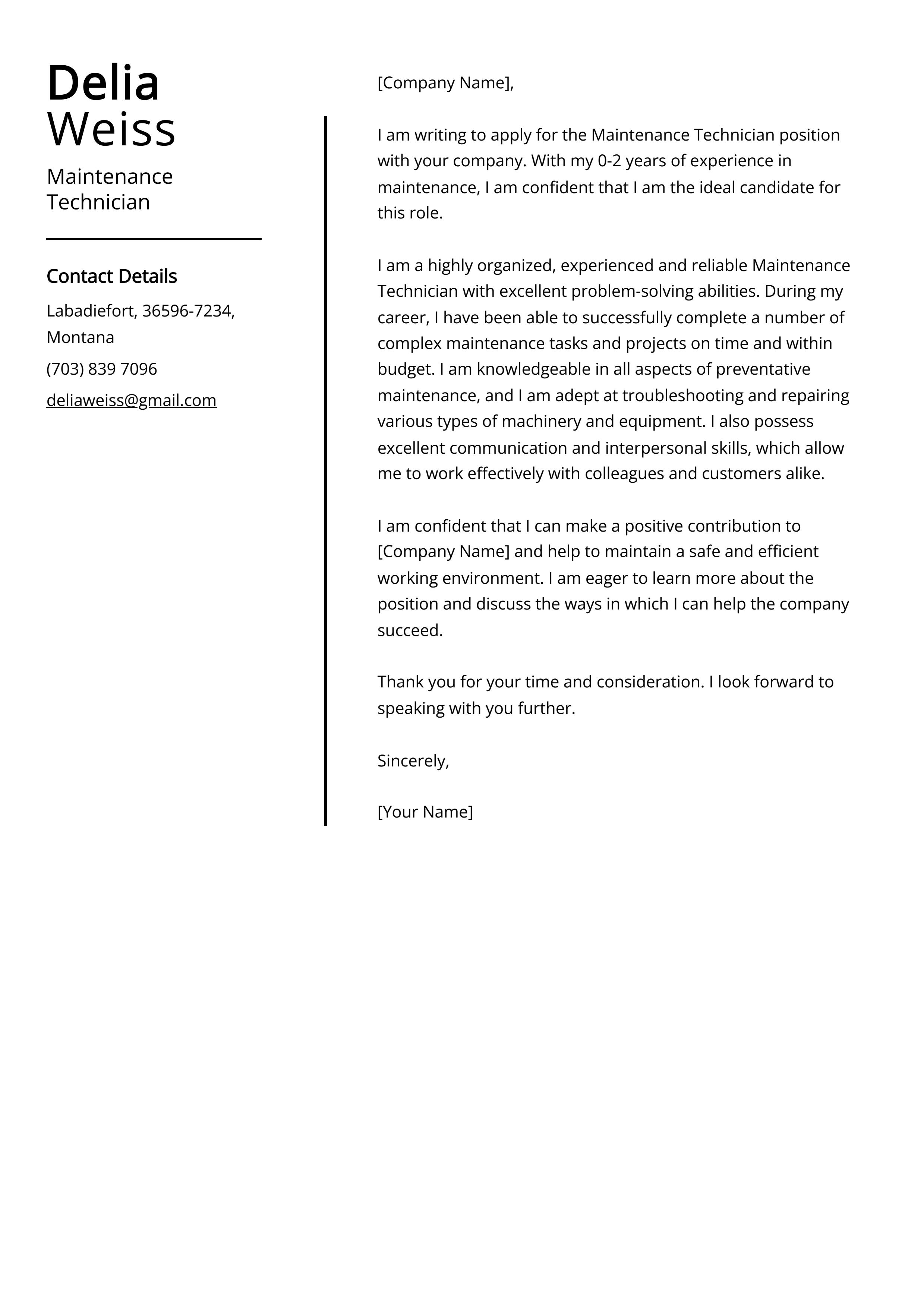 Maintenance Technician Cover Letter Example