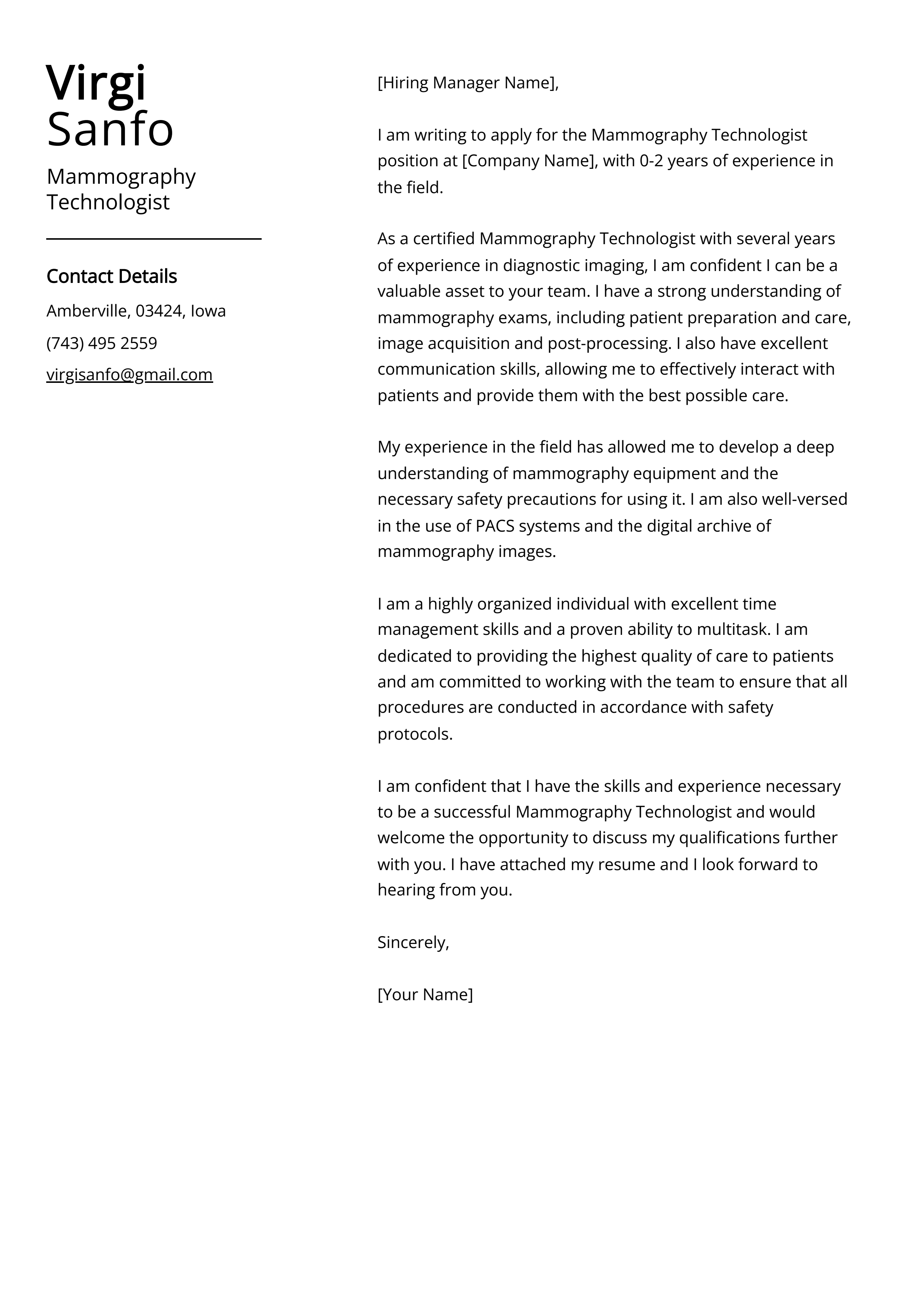 Mammography Technologist Cover Letter Example