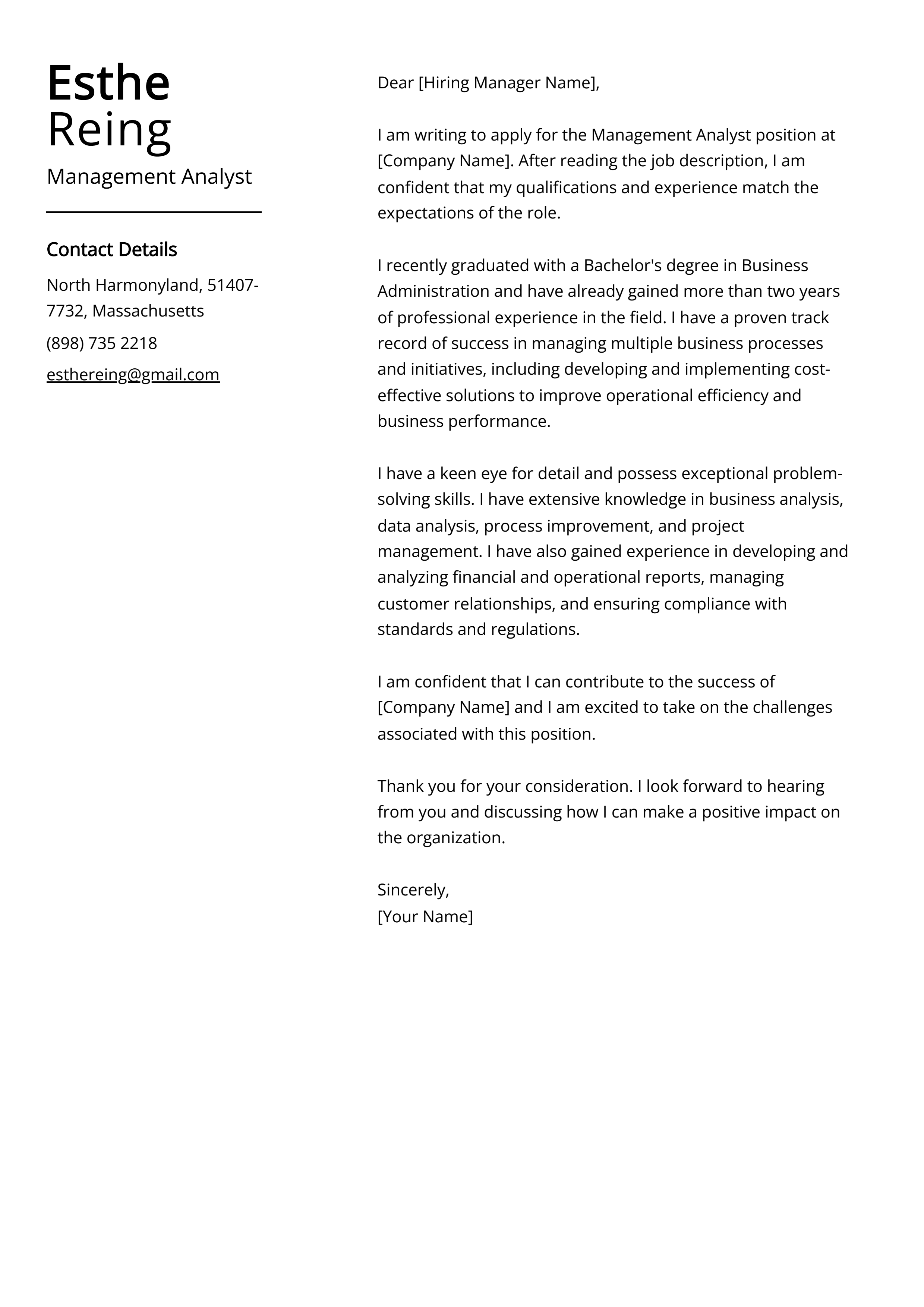 Management Analyst Cover Letter Example