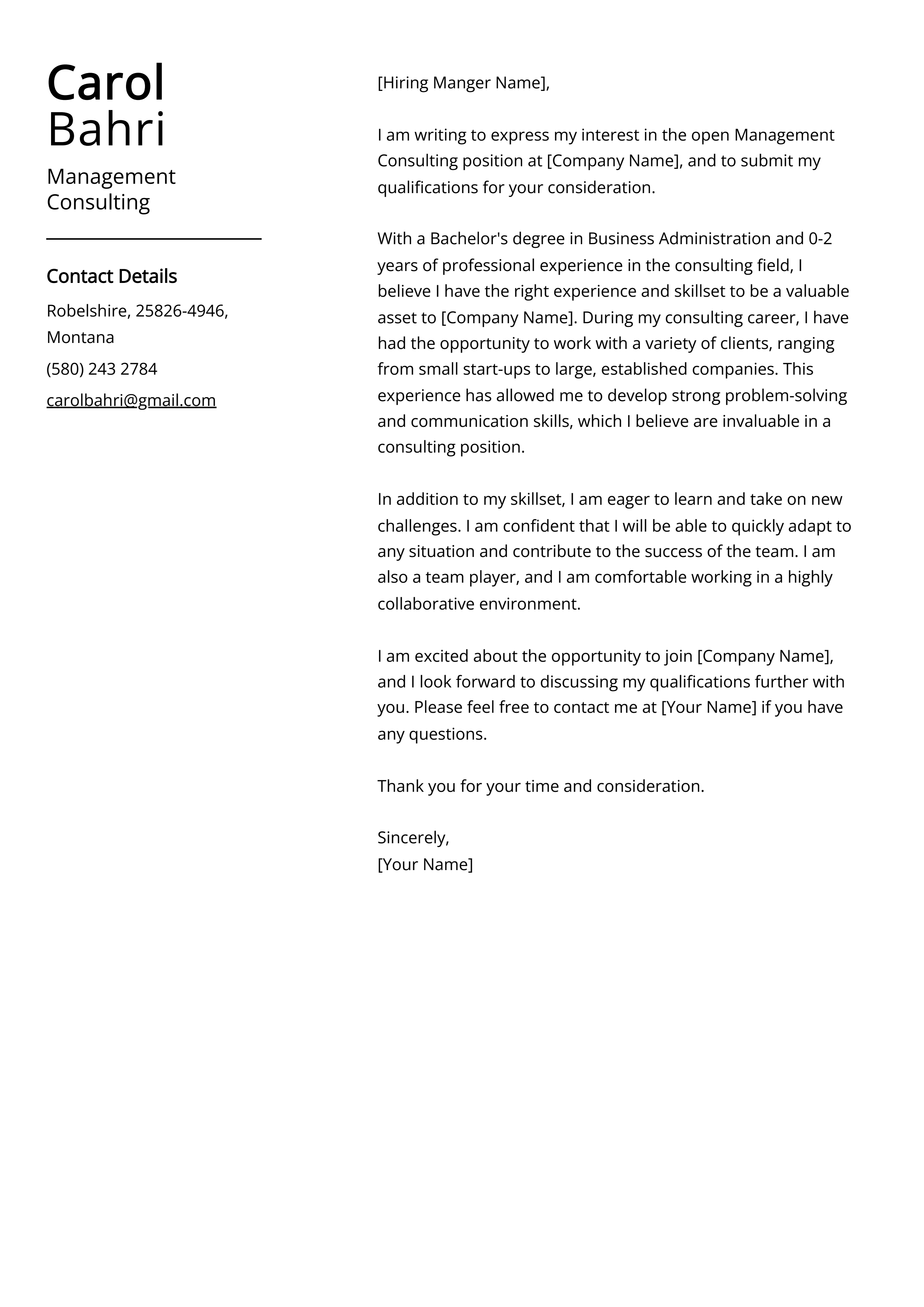 Management Consulting Cover Letter Example