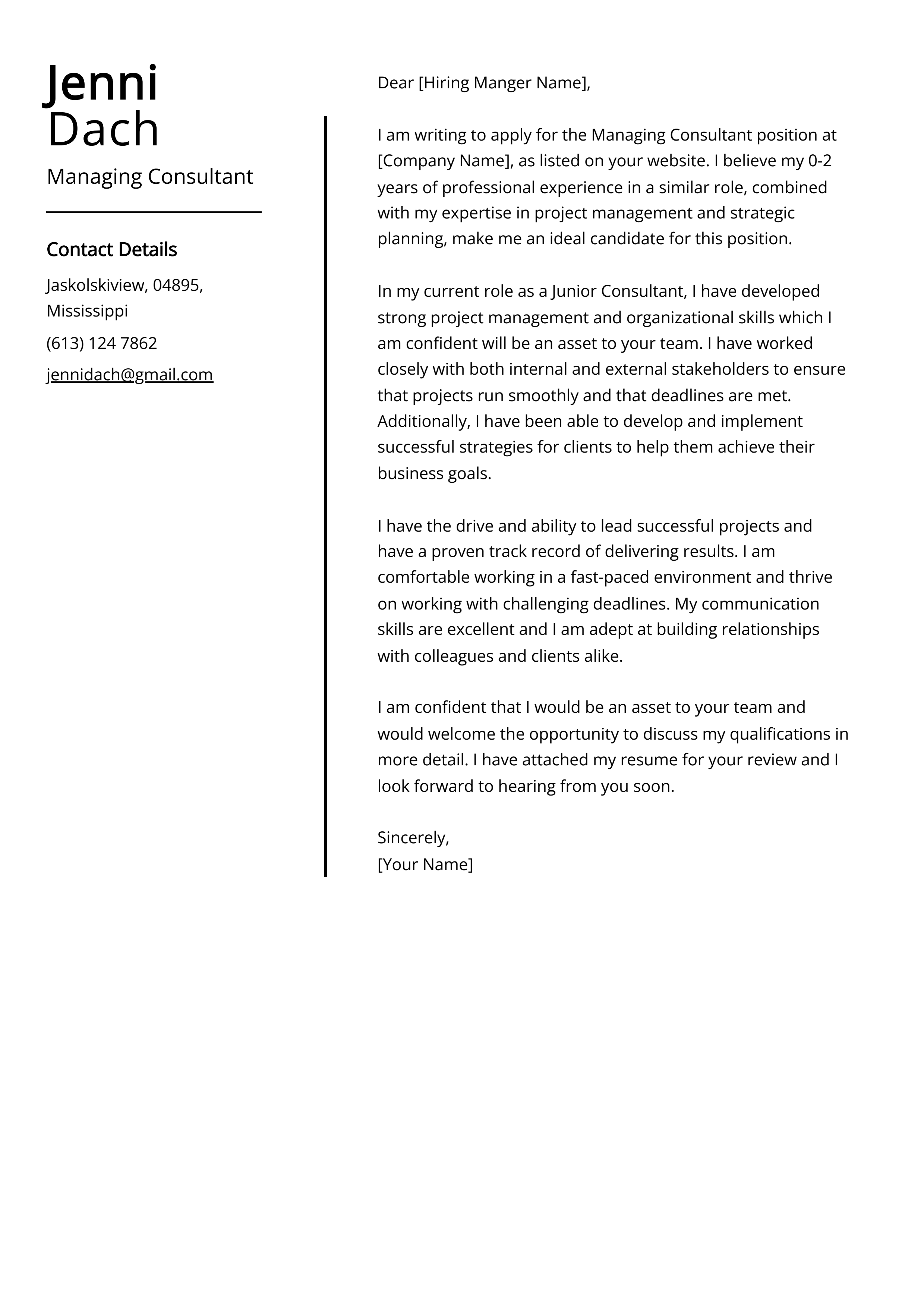 Managing Consultant Cover Letter Example