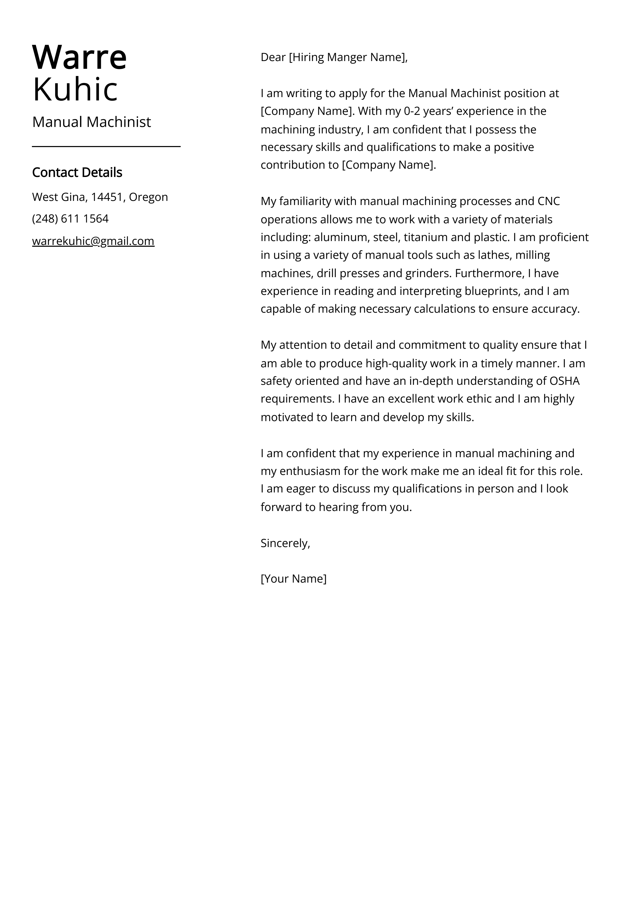 Manual Machinist Cover Letter Example