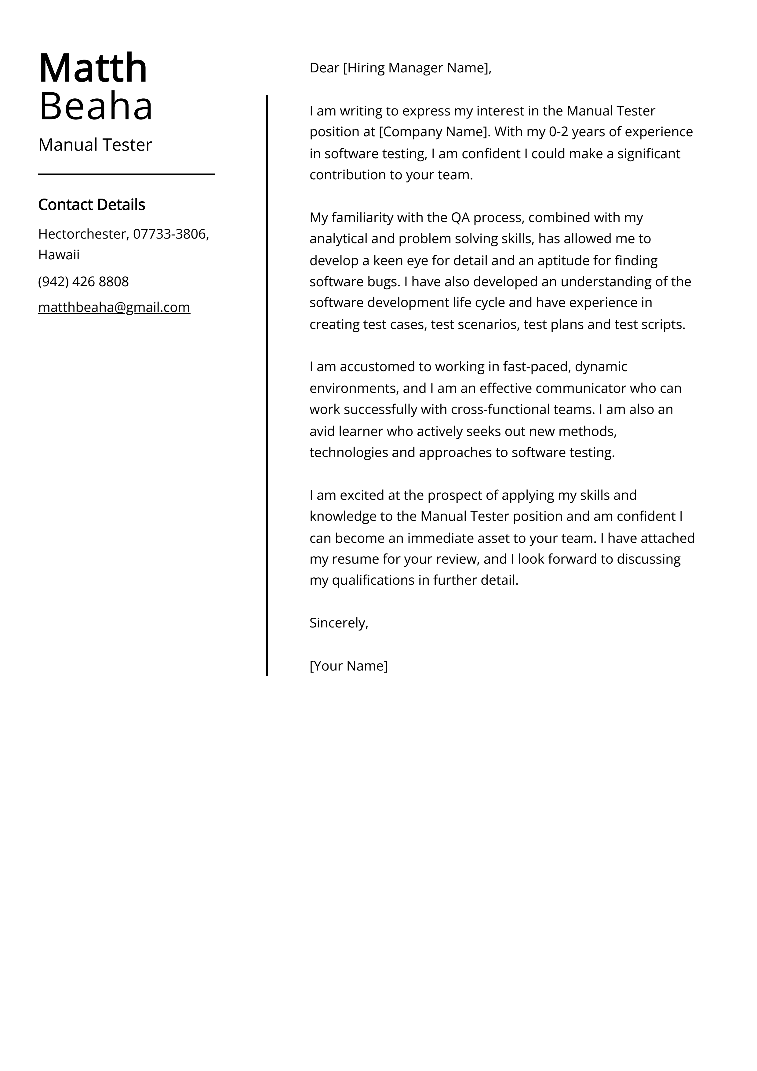 Manual Tester Cover Letter Example